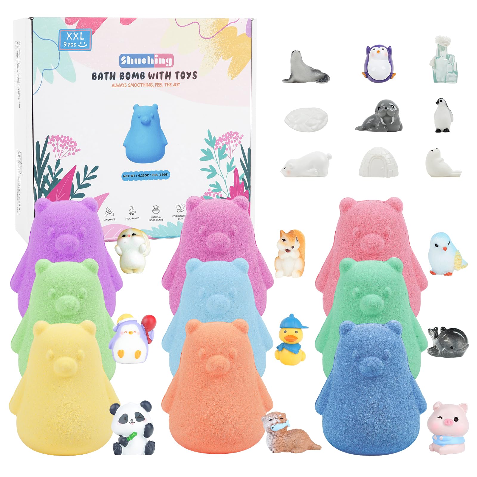 SHUCHING 9 XXL Kids Bath Bombs with Surprise Toys – Organic Gift Set