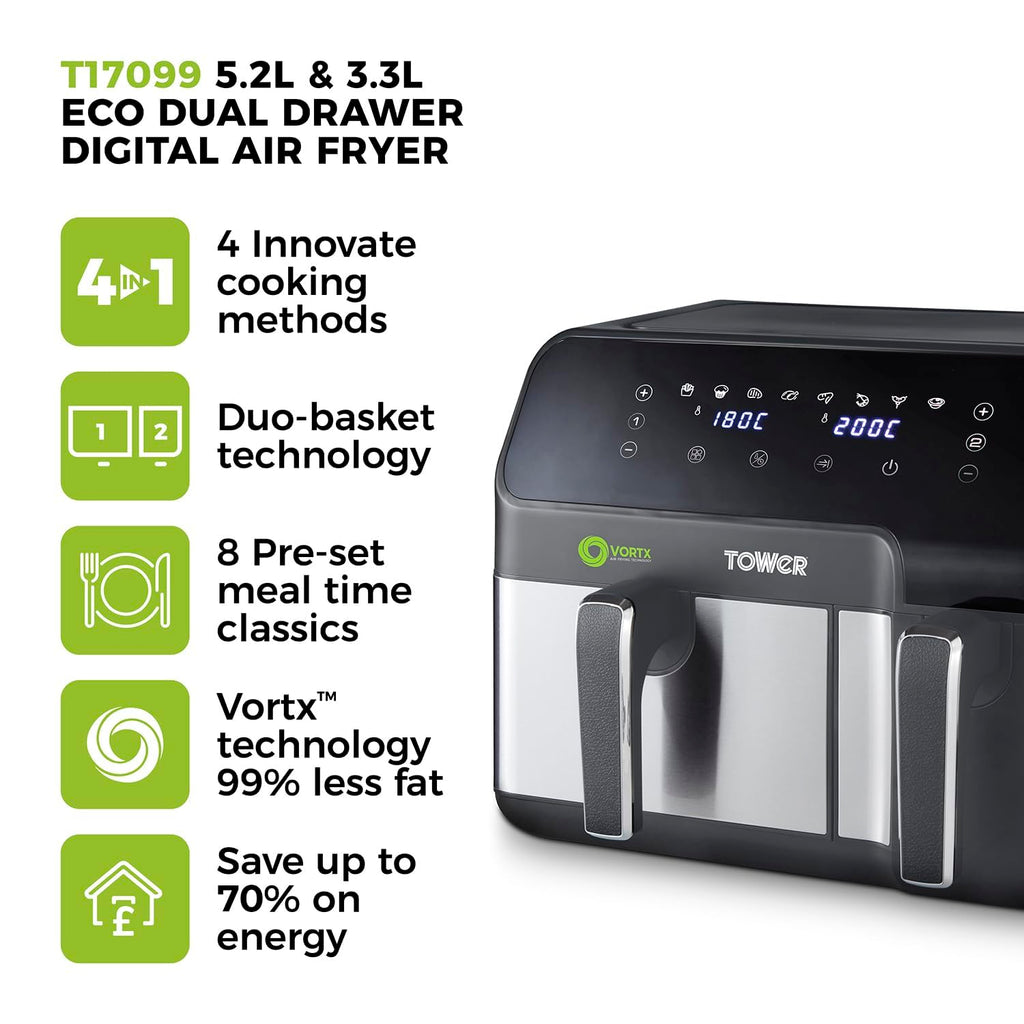 Tower T17099 Vortx Dual Basket Air Fryer | 8.5L Capacity | 1700W Black