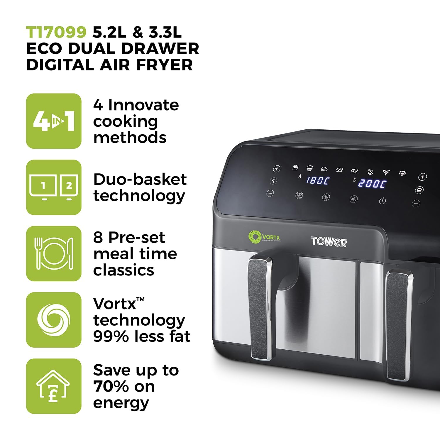 Tower T17099 Vortx Dual Basket Air Fryer | 8.5L Capacity | 1700W Black