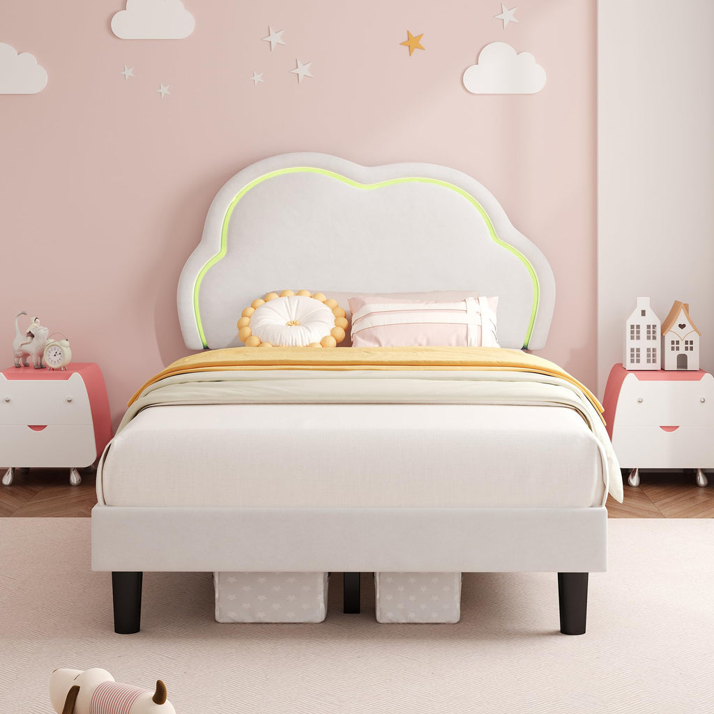 ModernLuxe 3FT LED Single Upholstered Bed 90x190cm for Kids Velvet Single Bed Frame Cloud Headboard Girls Bed with Adjustable Lighting - image 2