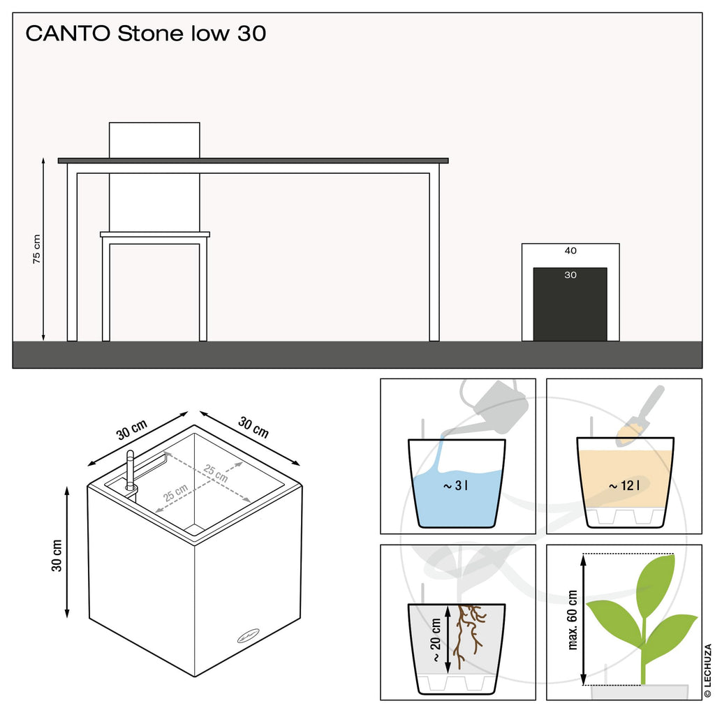 Lechuza Canto Stone 30 Low Self-Watering Planter | Graphite Black