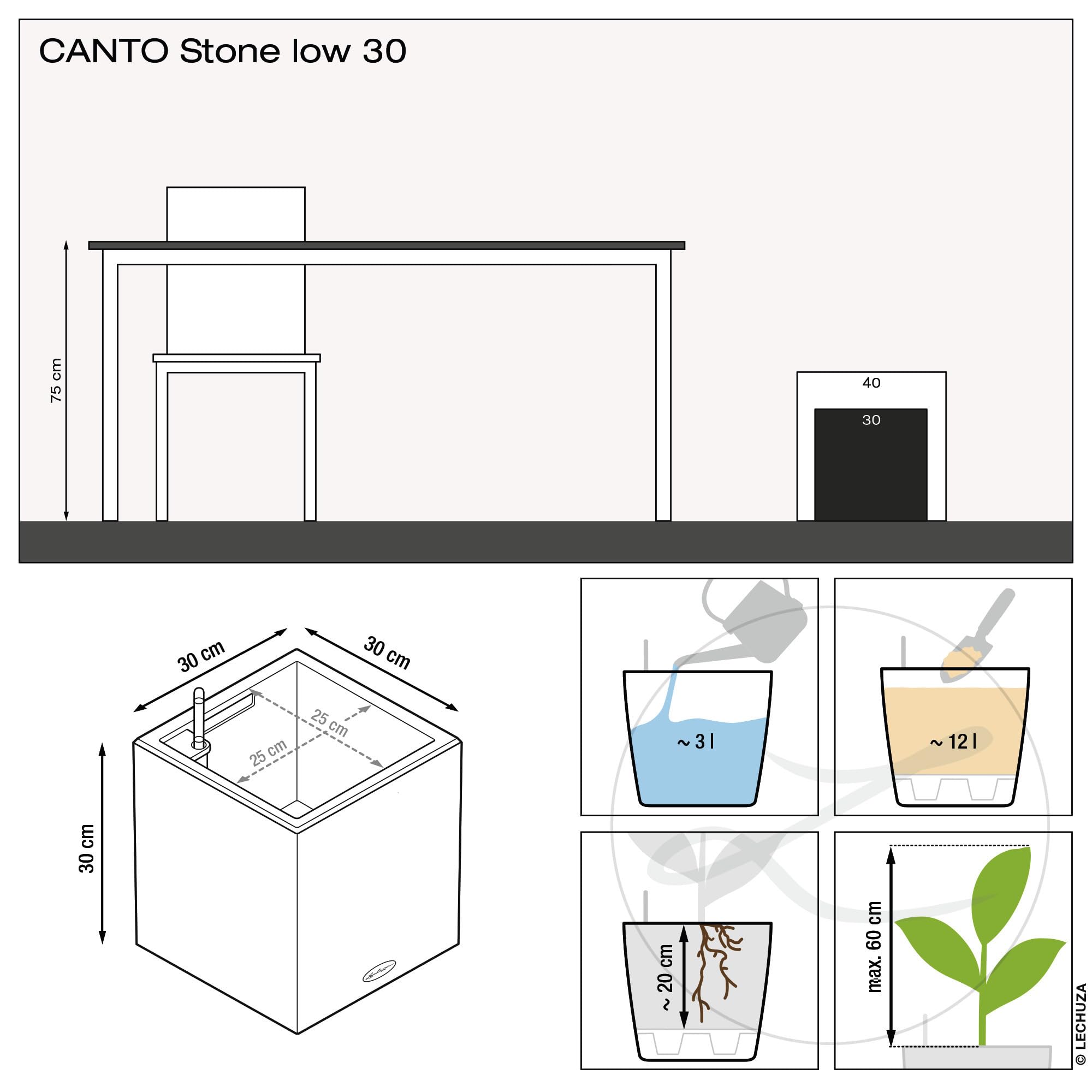 Lechuza Canto Stone 30 Low Self-Watering Planter | Graphite Black