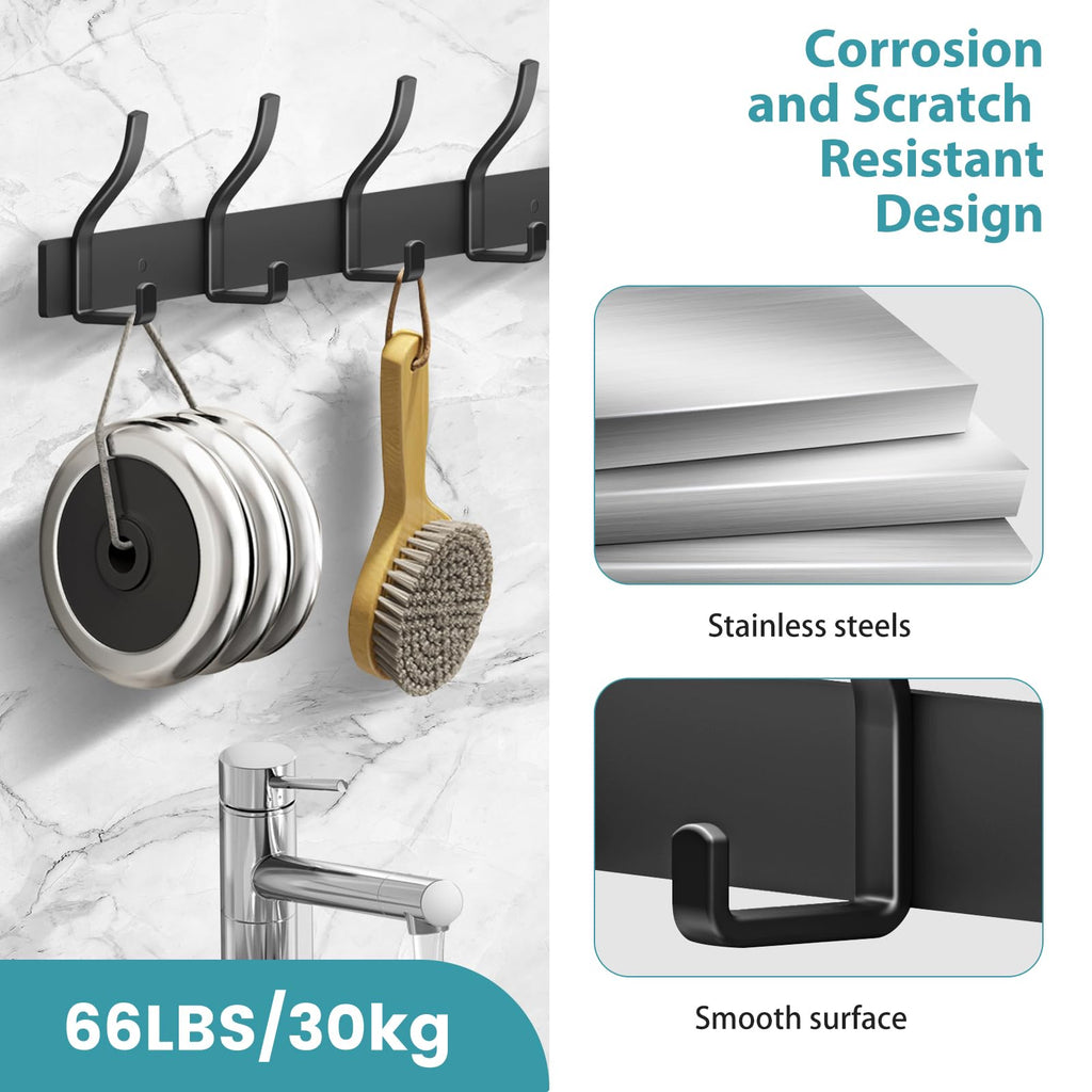 MEIJO Coat Hooks Wall Mounted Stainless Steel, Black Coat Rack Wall Mounted with 4 Hooks Heavy Duty Coat Hooks for Door, Bathroom, Bedroom, Kitchen - image 5