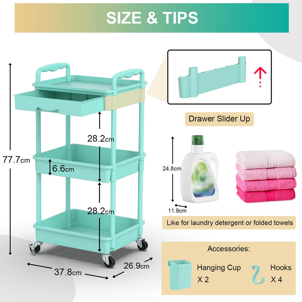 Yeabett 3 Tier Craft Trolley, Storage Trolley On Wheels Utility Cart With Drawer For Kitchen, Bathroom, Office, Living Room, Blue - image 4