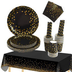 Black and Gold Dot Disposable Party Tableware Set - 90 Pieces