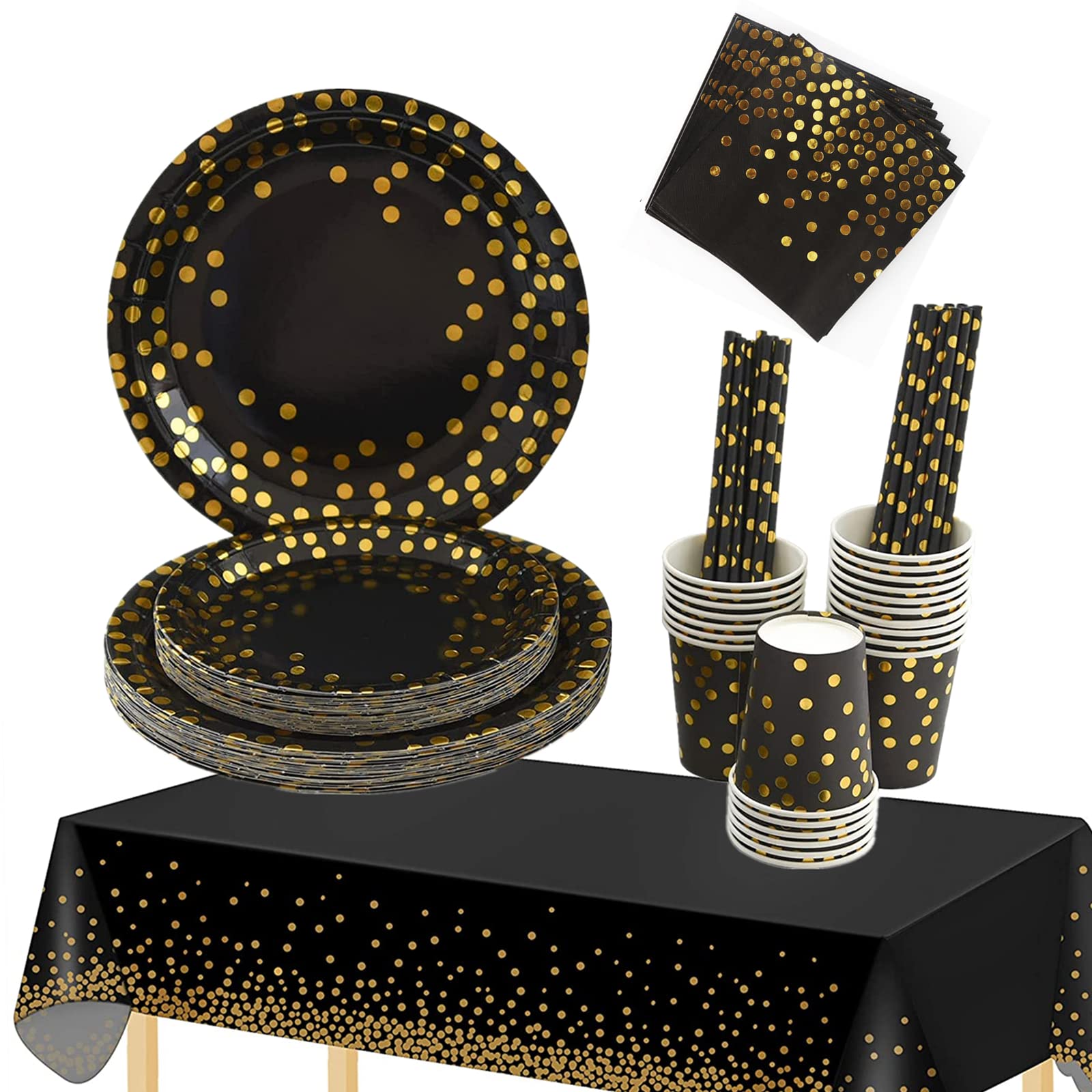 Black and Gold Dot Disposable Party Tableware Set - 90 Pieces