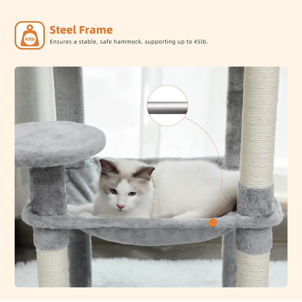 PAWZ Road 56" Multi-Level Cat Tree with Large Hammock & House - Grey