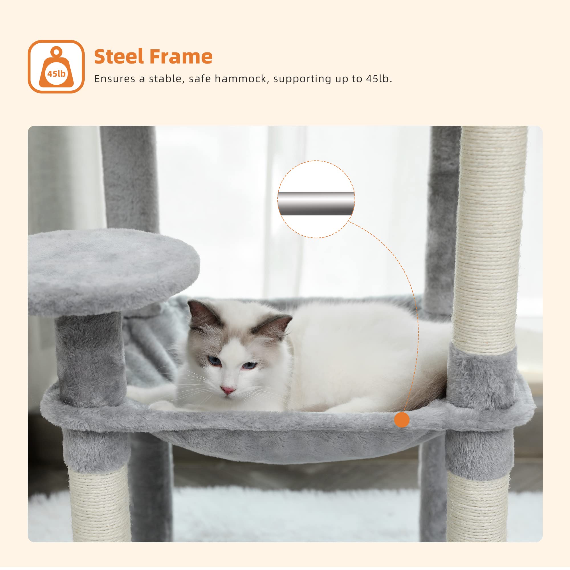 PAWZ Road 56" Multi-Level Cat Tree with Large Hammock & House - Grey