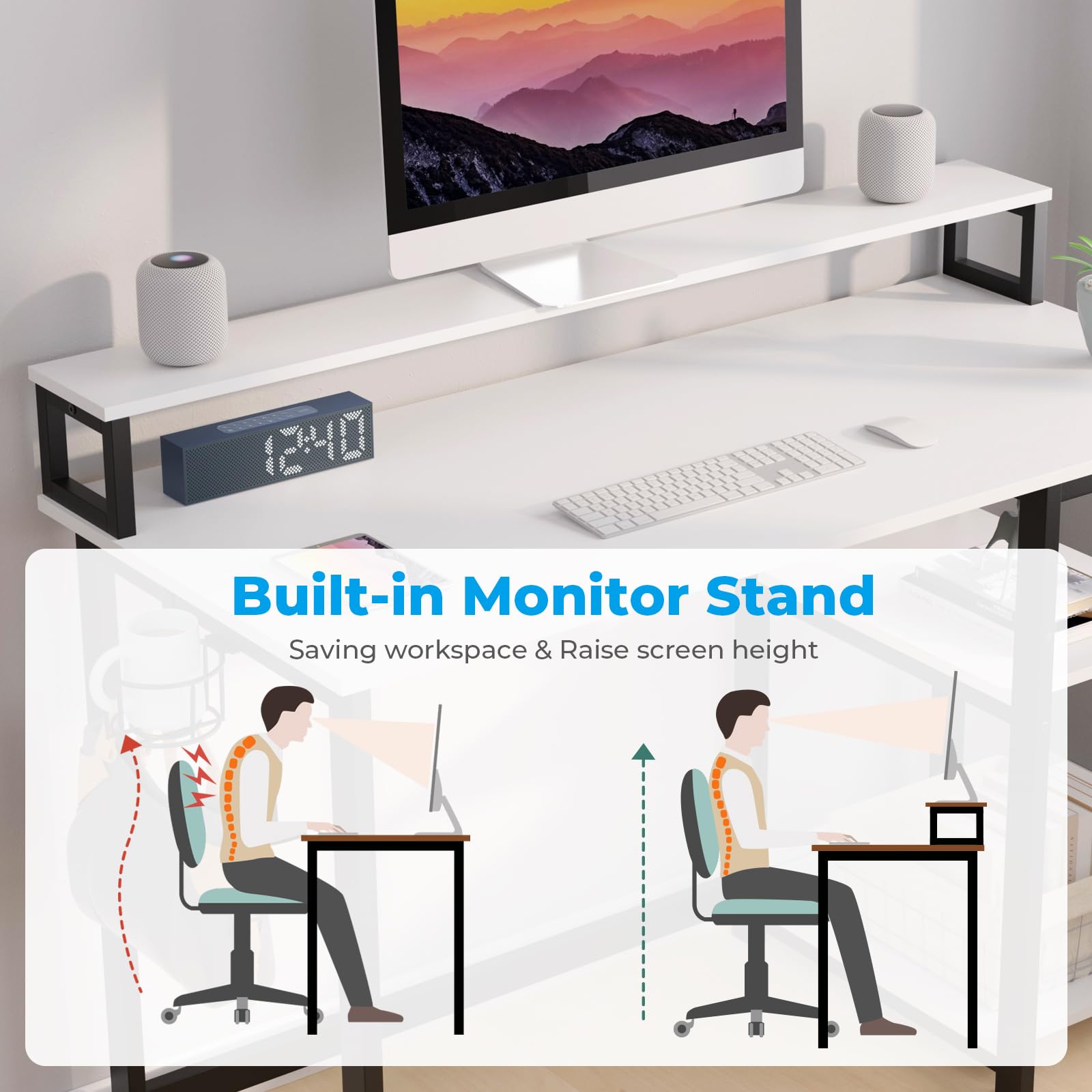 GreenForest 120cm Computer Desk with Monitor Stand and Shelves – White