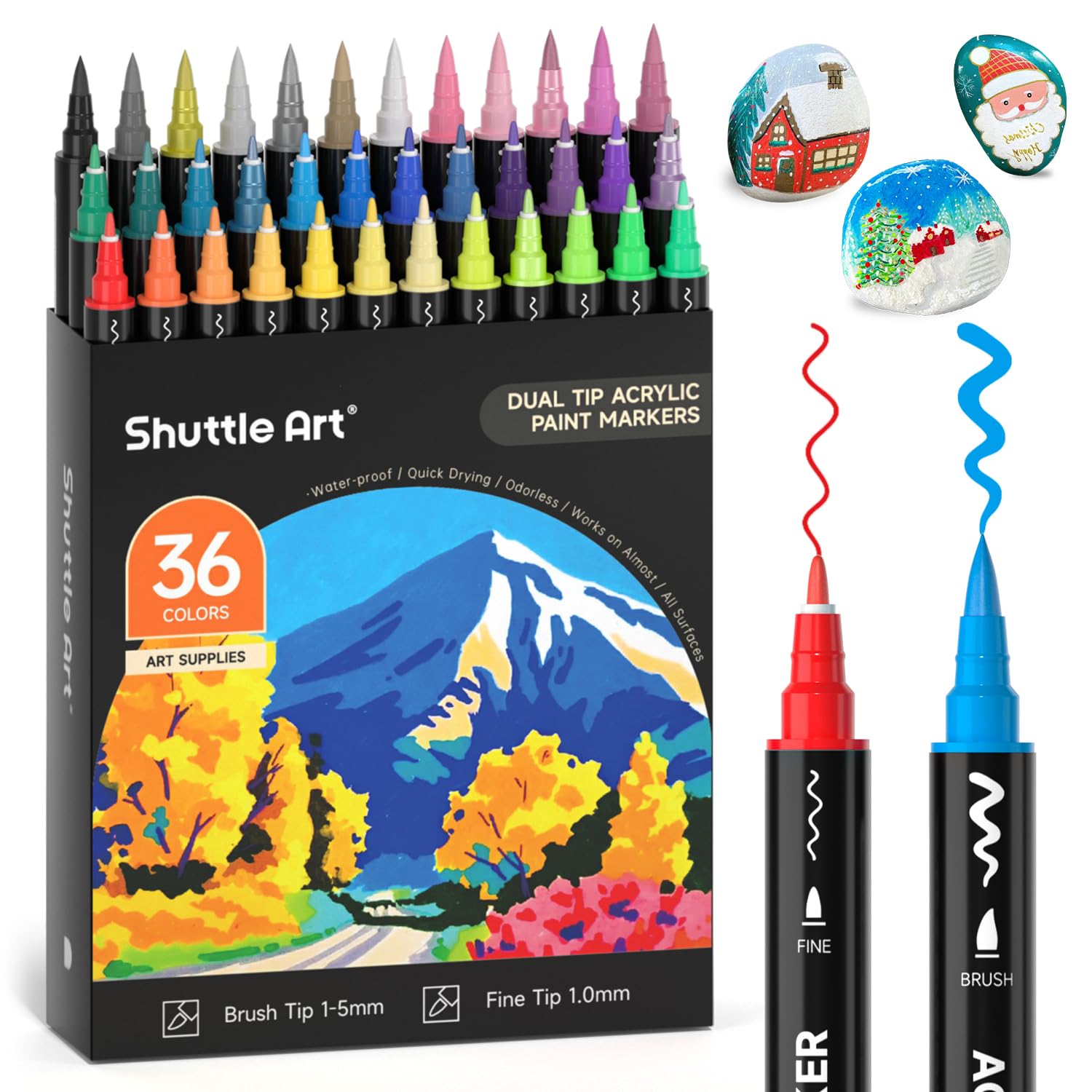 Shuttle Art Dual Tip Acrylic Paint Pens | 36 Colors Fine & Brush Markers