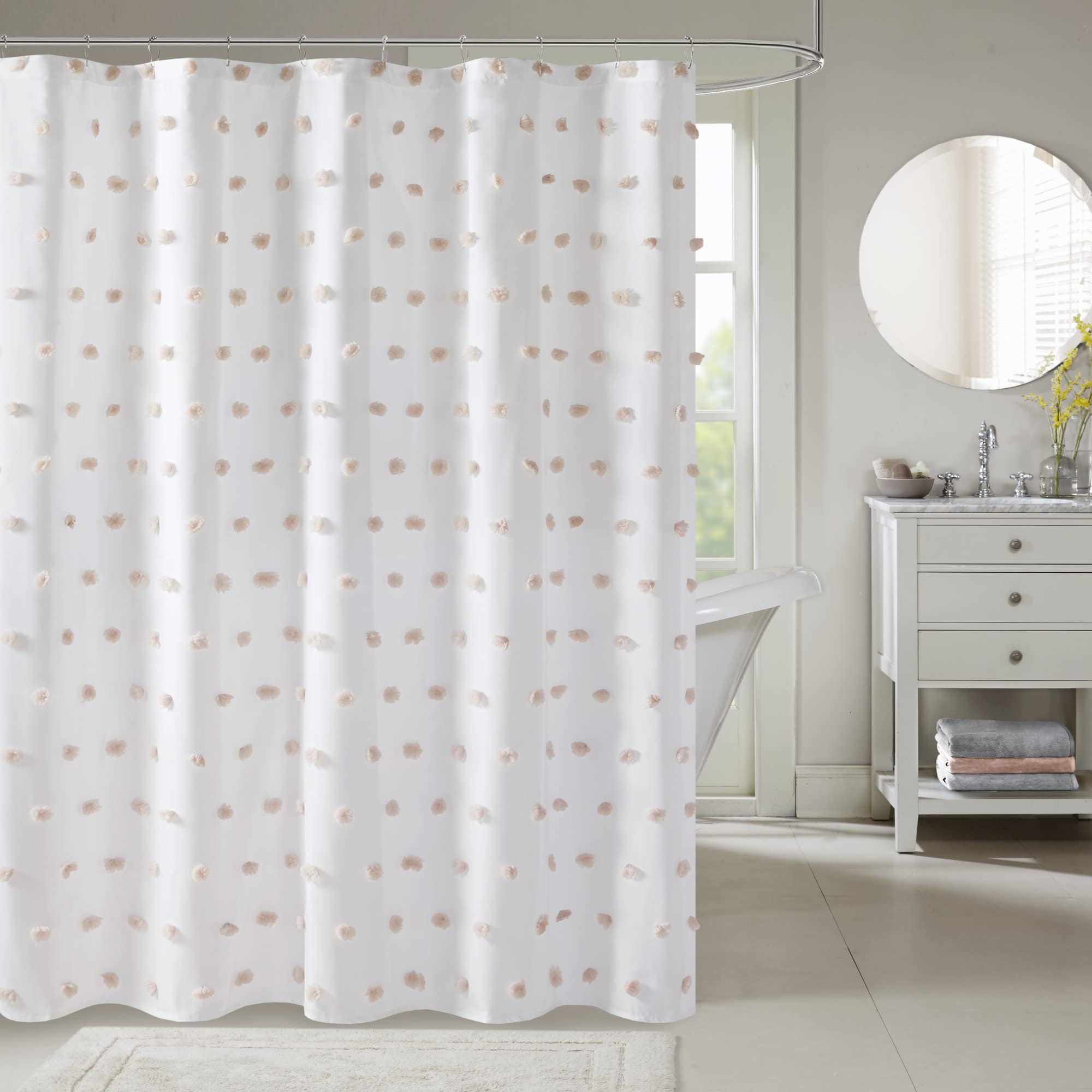Madison Park Sophie Pom-Pom Shower Curtain - White/Blush - 72x72