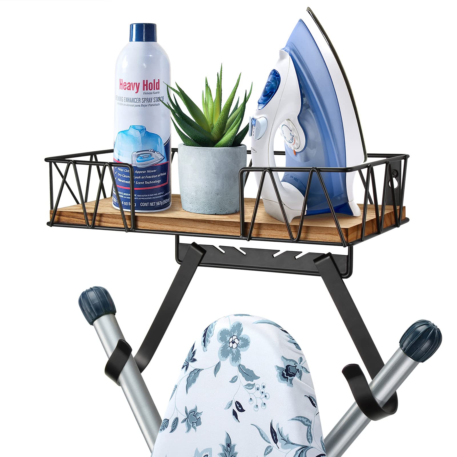 TJ.MOREE Ironing Board Hanger Wall Mount with Wooden Storage Basket