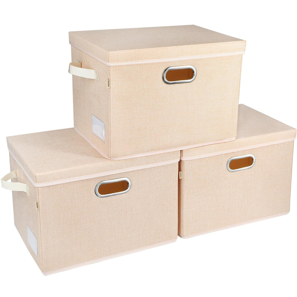 Voova 3-Pack Large Linen Fabric Storage Bins with Lids – Stackable Organizers