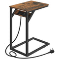 HOOBRO C Shaped Side Table with Charging Station - Rustic Brown & Black