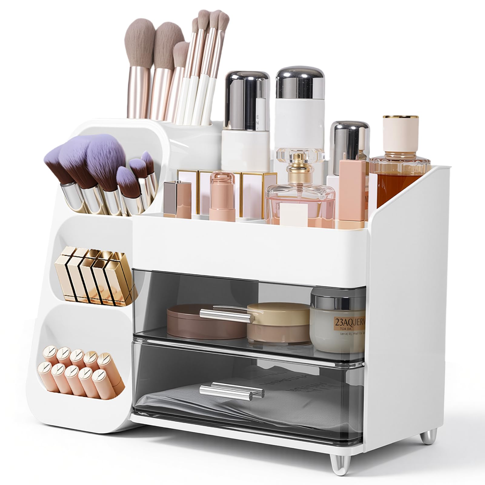 BTGGG Makeup Cosmetic Storage Box with Drawers & Brush Holder - White