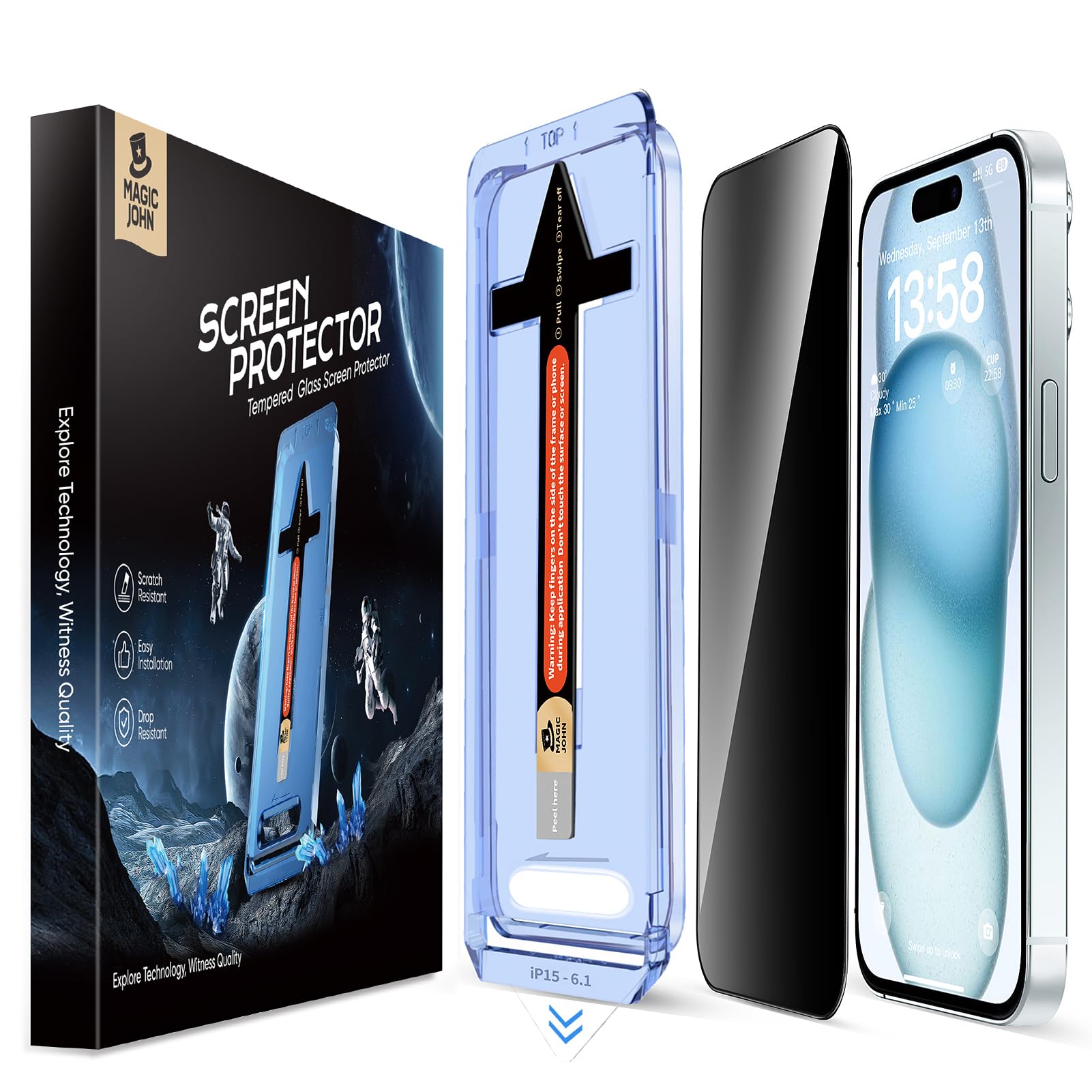 Magic John iPhone 15 Privacy Glass Screen Protector – 2 Pack Kit
