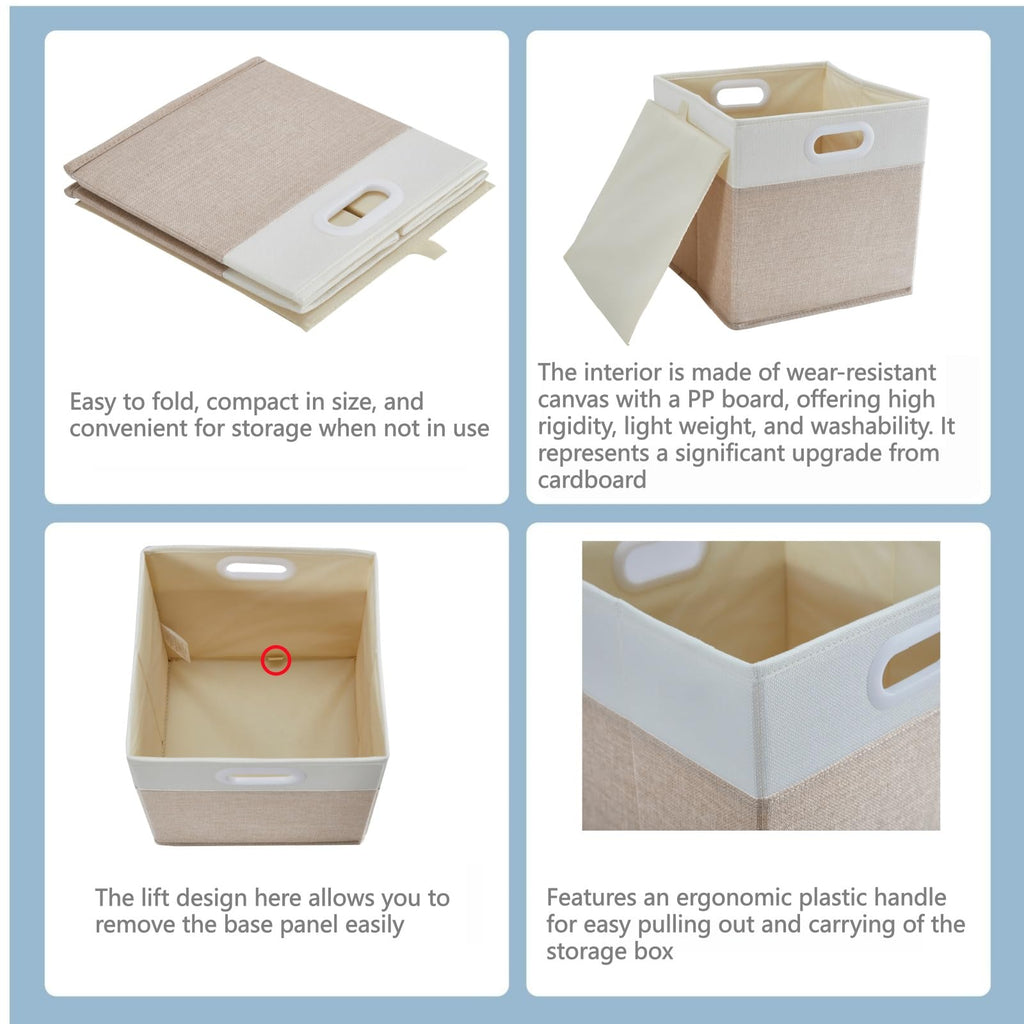 SOCOHOME Fabric Cube Storage Boxes,30x30x30cm Foldable Storage Baskets for Shelf Nursery ClosetLight beige/White, Set of 4 - image 5