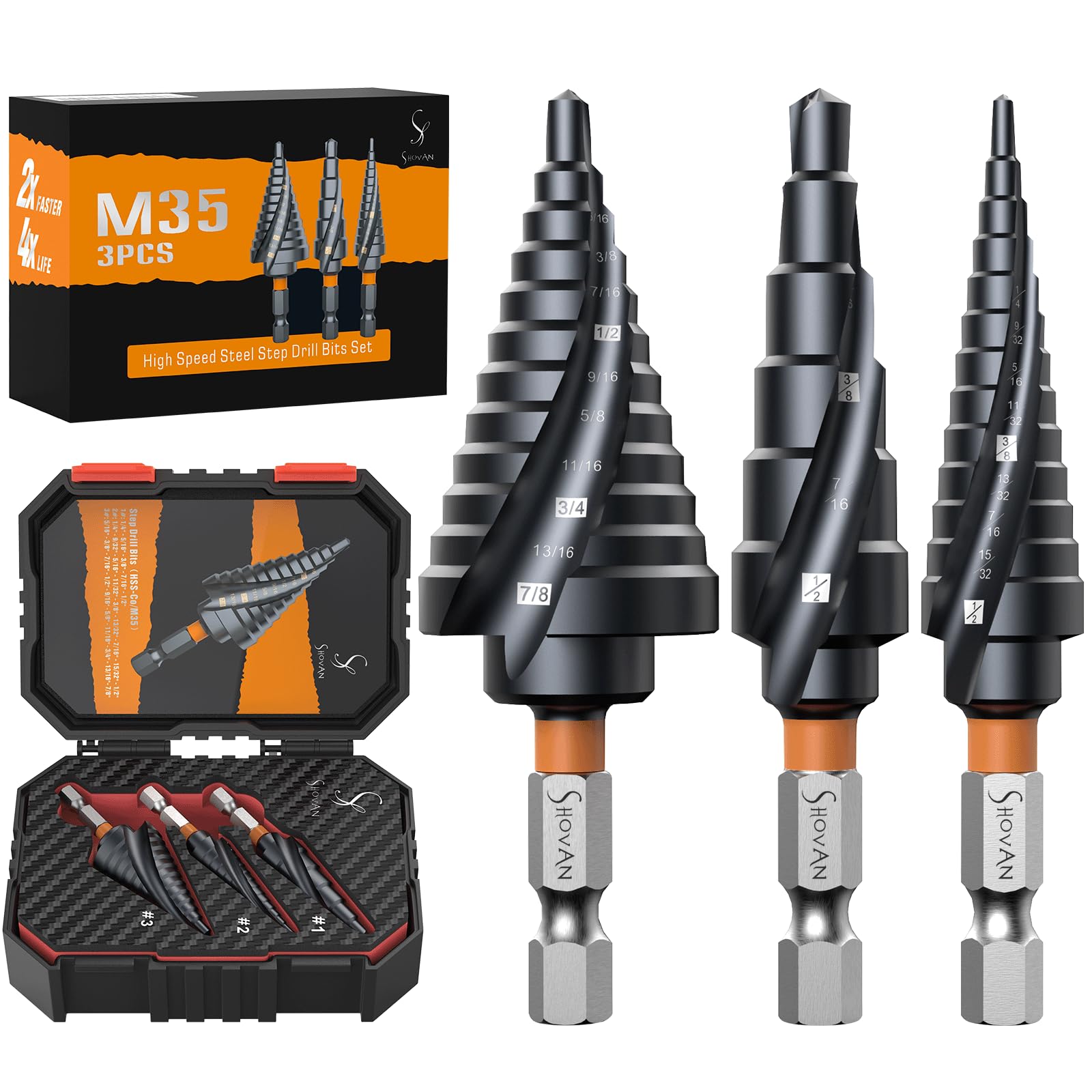 3-Piece HSS Cobalt Spiral Step Drill Bit Set (1/4"-7/8")