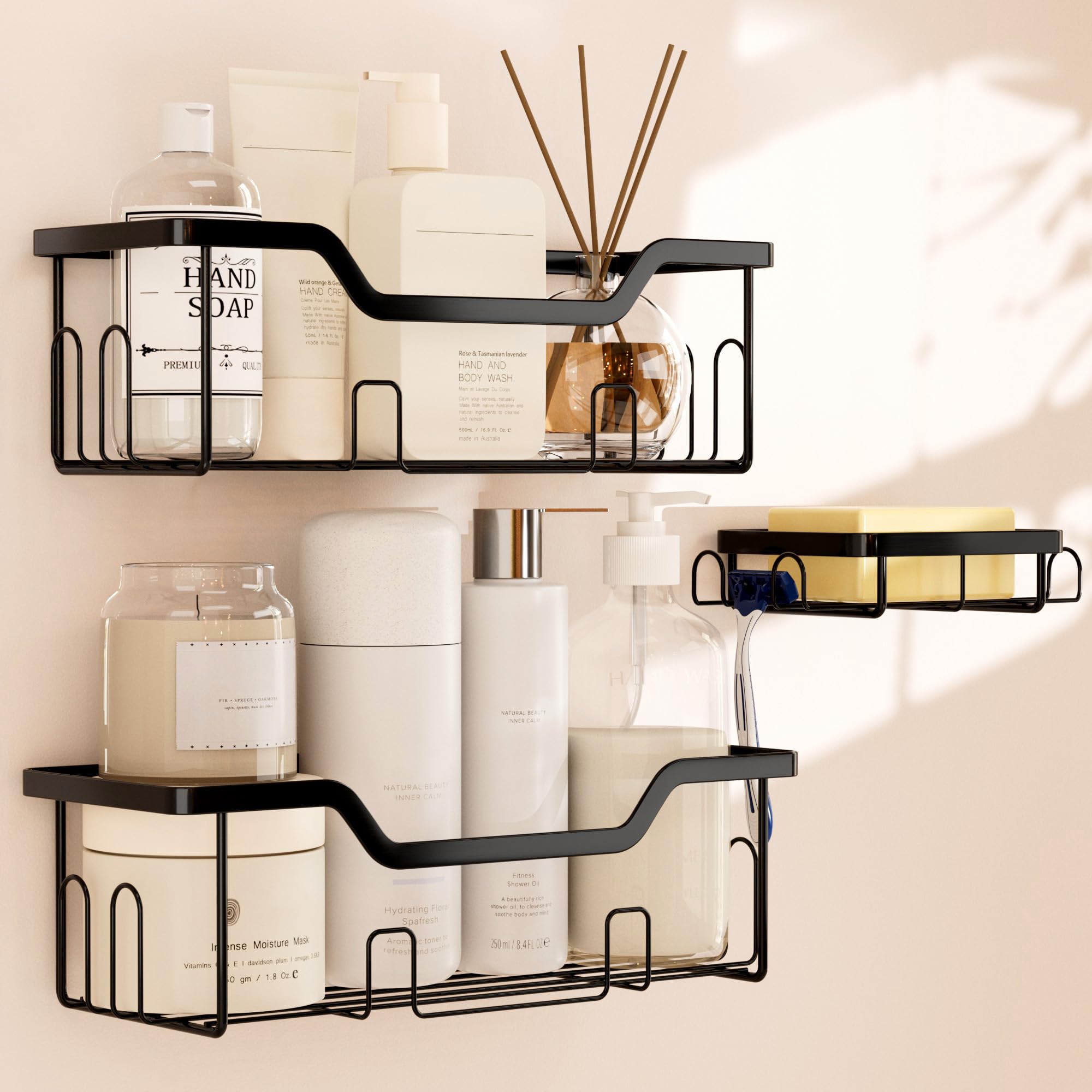 Cubbiesavor Black Shower Caddy 3-Pack | Stainless Steel No-Drill Shelf