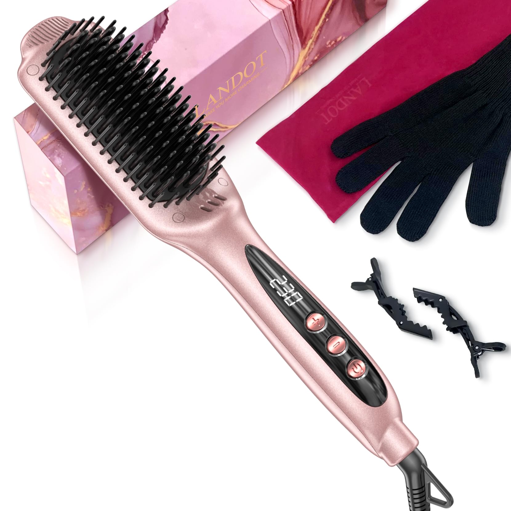 LANDOT Ionic Ceramic Hair Straightener Brush – Rose Gold Styler for Frizz