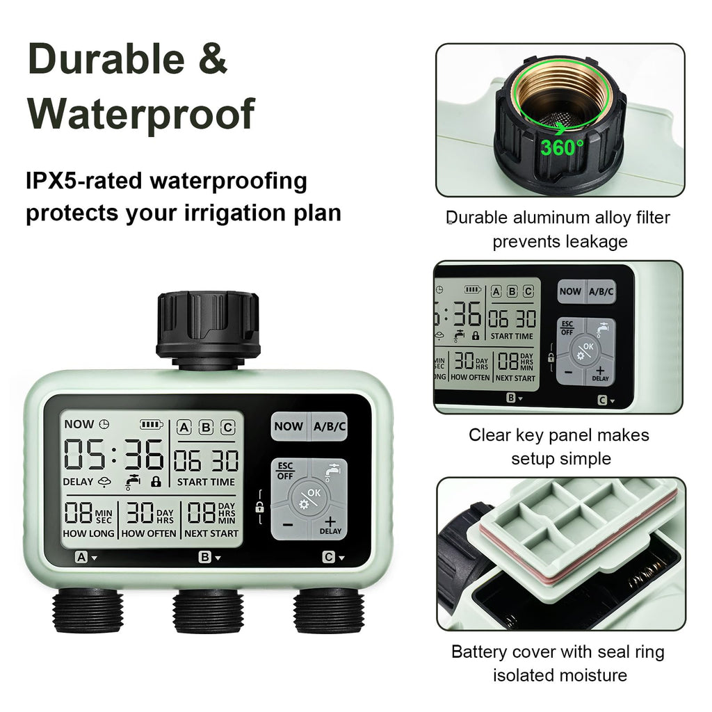 Johgee 3-Zone Water Timer | Brass Interface IPX5 Sprinkler Controller