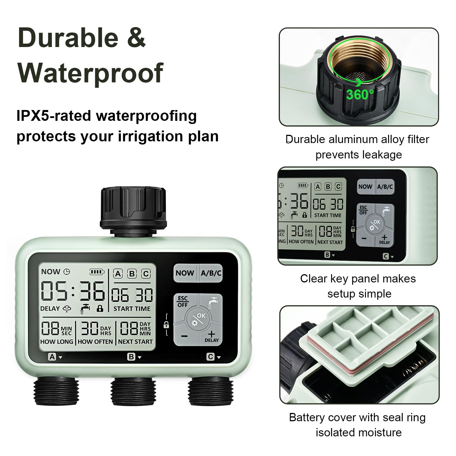 Johgee 3-Zone Water Timer | Brass Interface IPX5 Sprinkler Controller