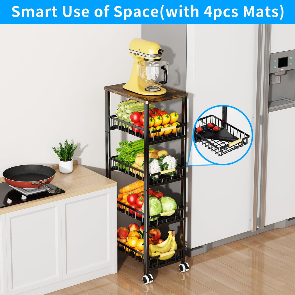 Jolof Store 5-Tier Metal Wire Fruit Vegetable Storage Basket with Wood Top