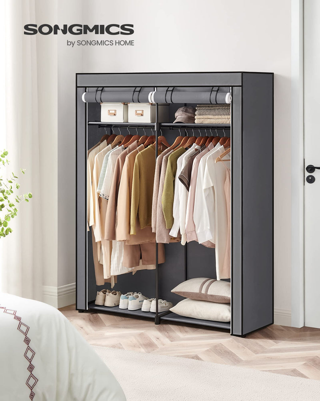 Songmics Fabric Wardrobe – Portable Clothes Rack with 2 Rails, Grey