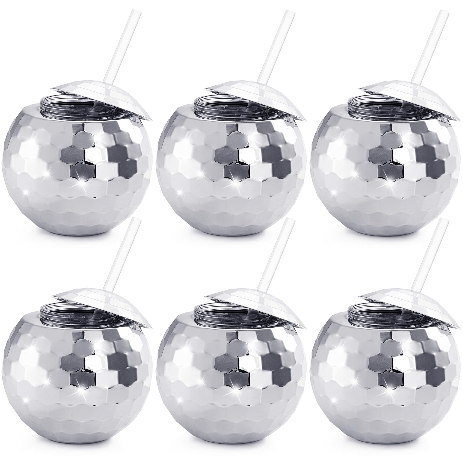 Nicunom 6-Pack Silver Disco Ball Cups with Lids & Straws – 600ml Reusable