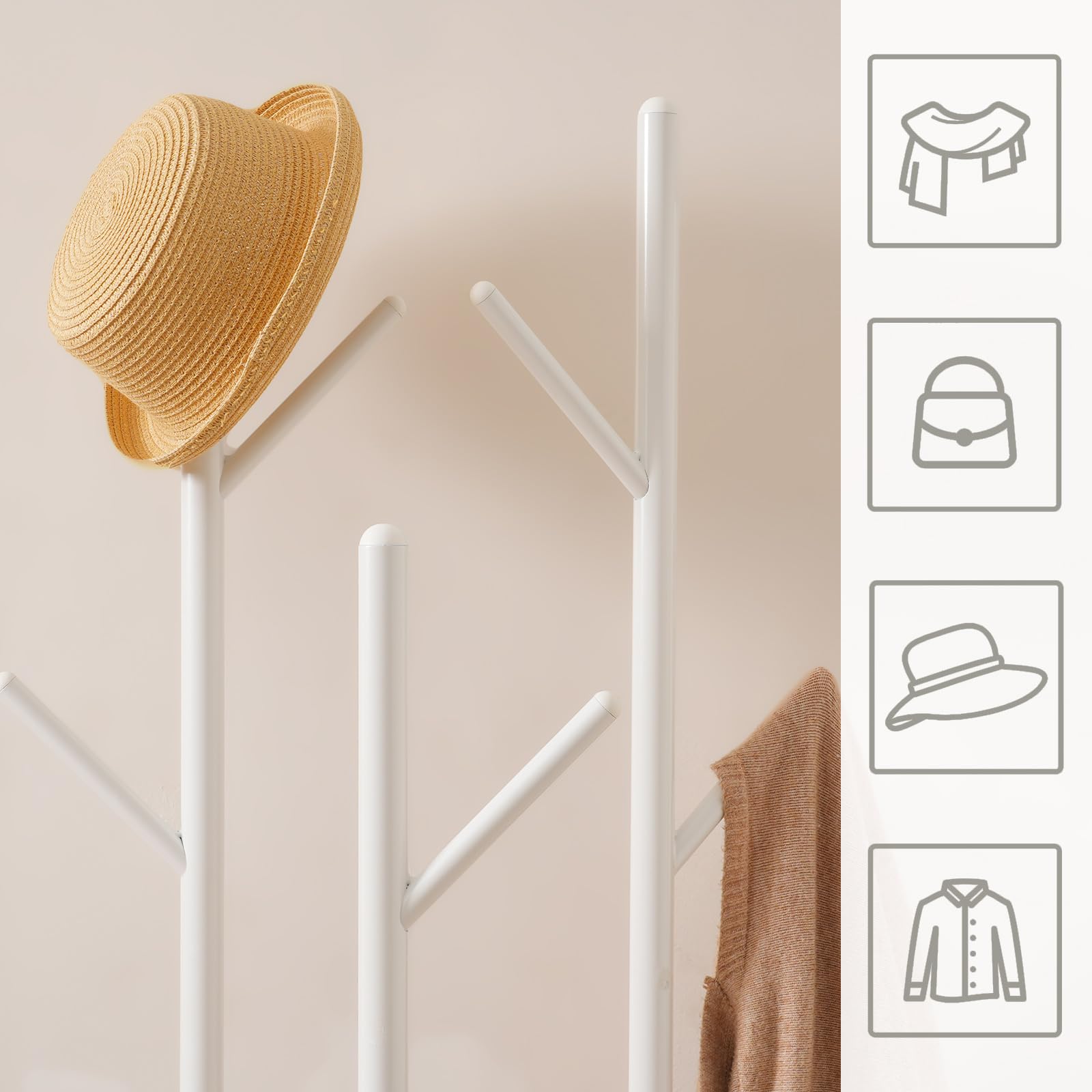 HOOBRO Freestanding Coat Rack Stand with 8 Hooks and 2 Shelves, White