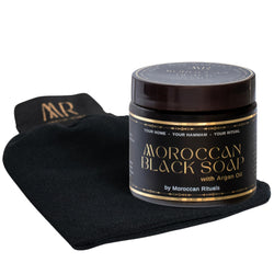 Jolof Store Moroccan Black Beldi Soap & Kessa Glove Set - Argan Oil 200g