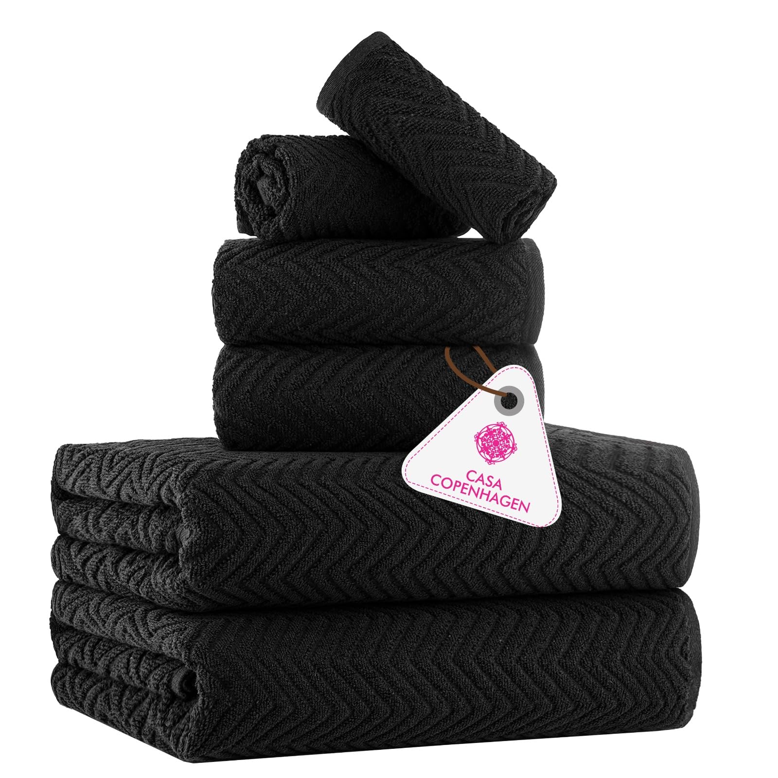 CASA COPENHAGEN 6-Piece Cotton Towel Set | 550 GSM Wave Textured - Black
