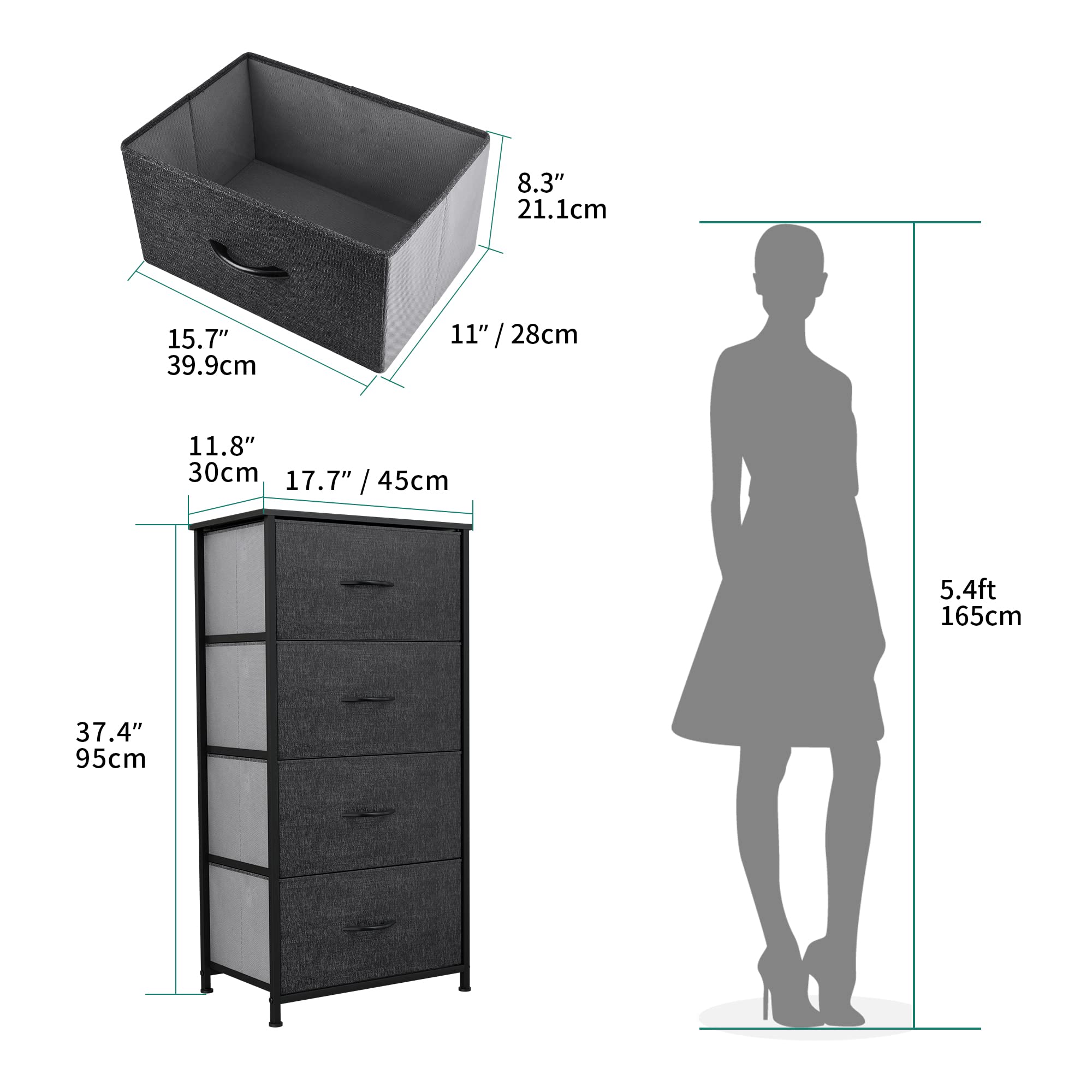 YITAHOME 4-Drawer Fabric Dresser | Modern Chest with Wood Top - Black Grey