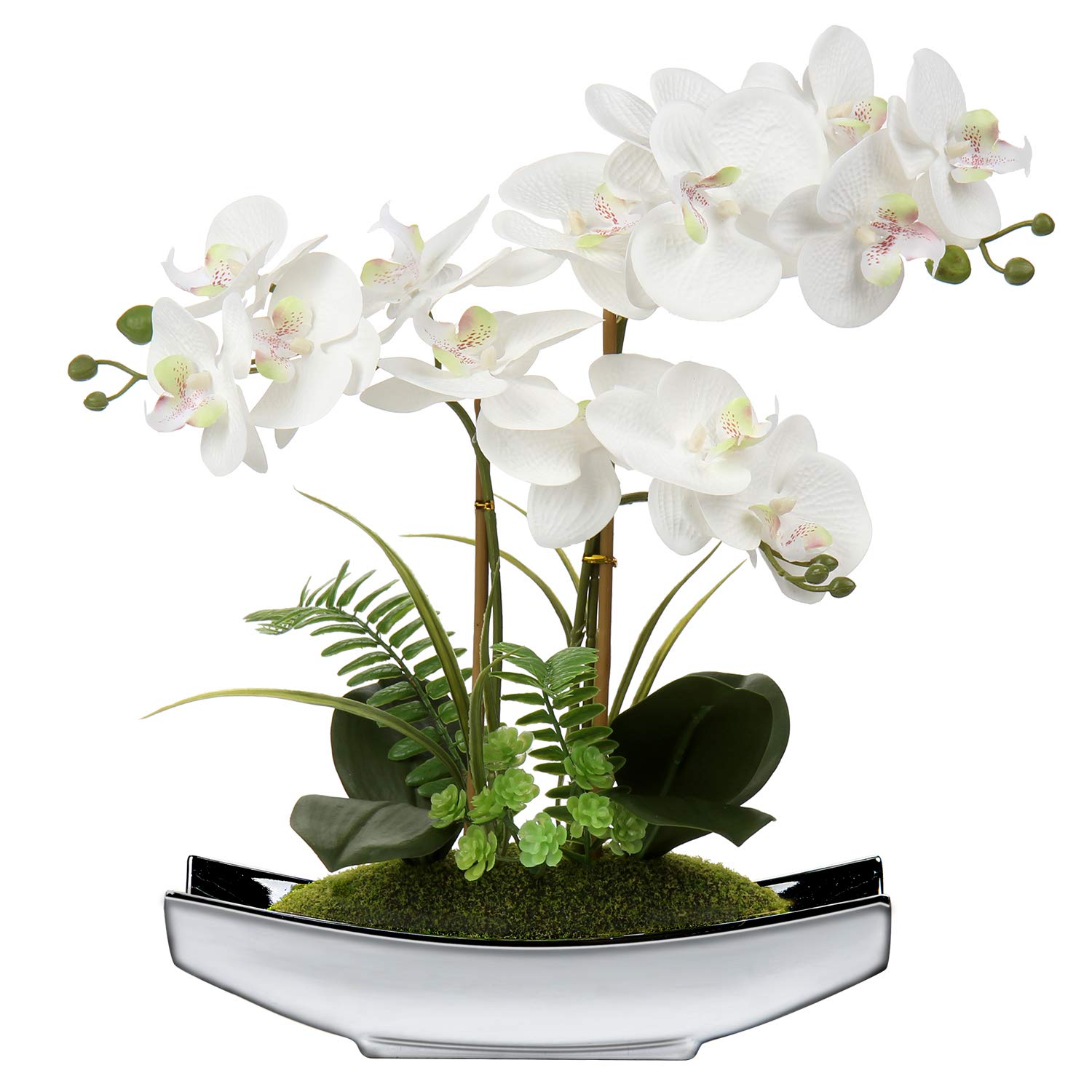 Briful 15" Artificial Phalaenopsis Orchid Bonsai in Silver Pot – Silk Flowers