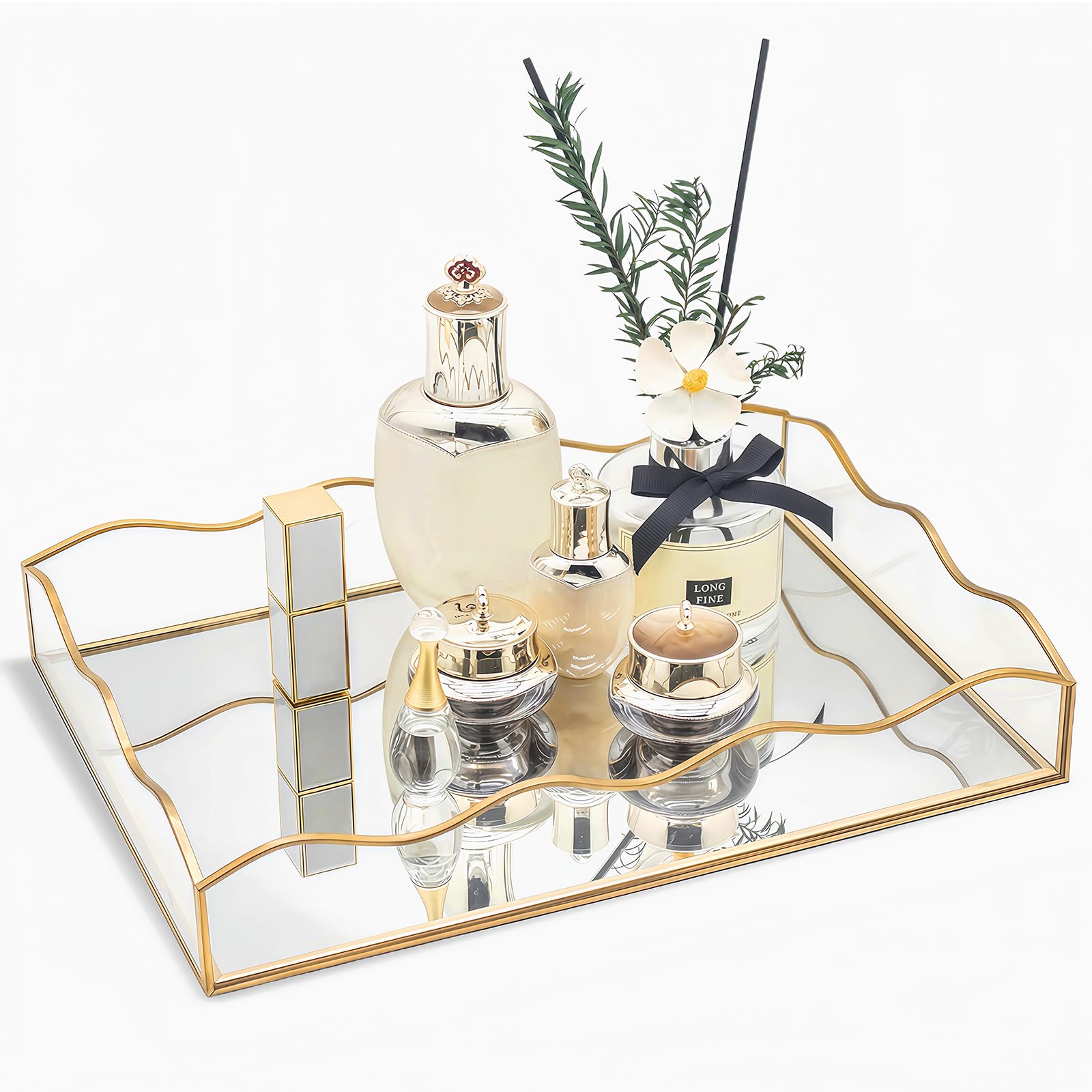 SLHEQING Gold Mirror Perfume Tray – Vintage Glass Makeup Vanity Organiser