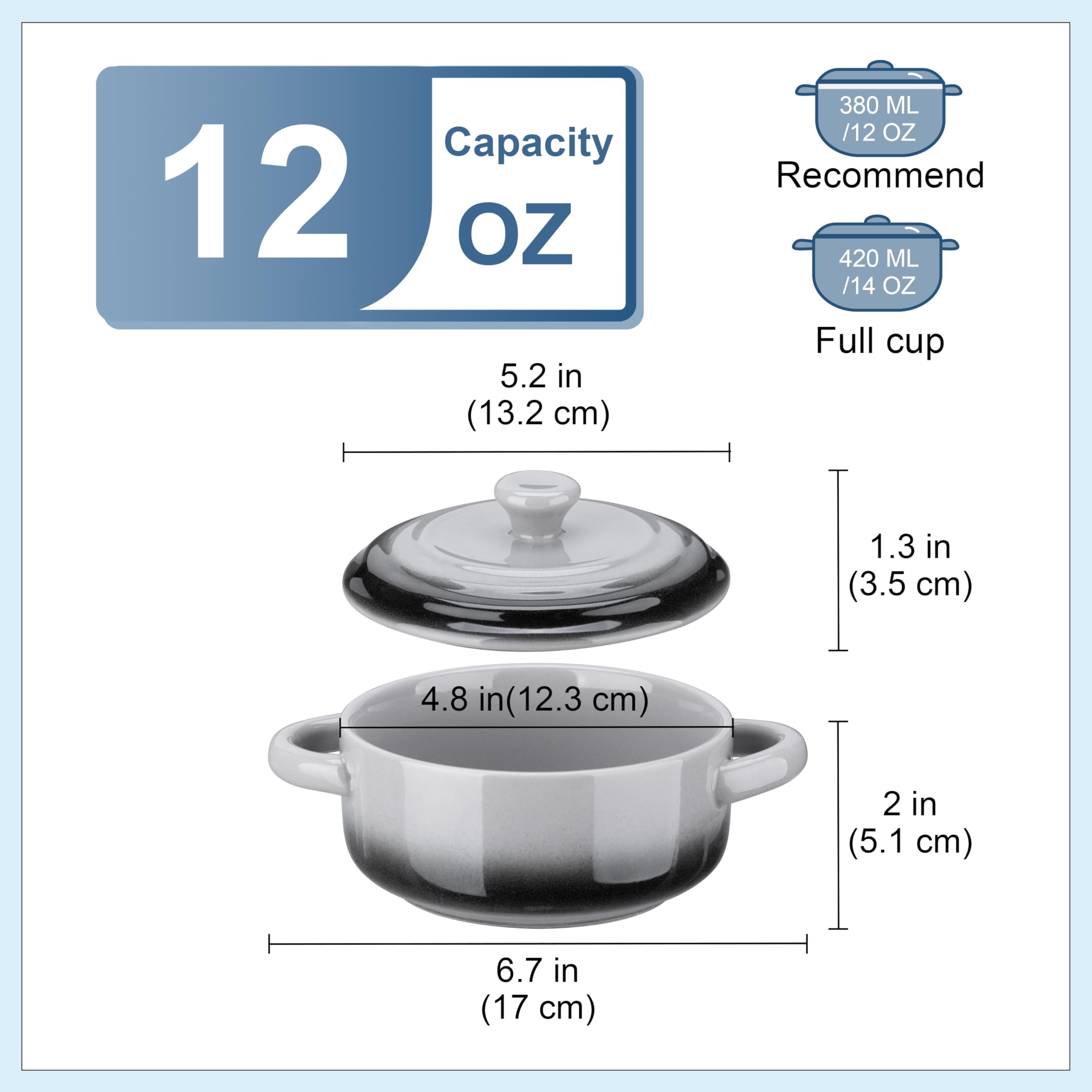 LOVECASA 12 oz Ceramic Mini Cocotte Set – 4 Pack French Onion Soup Bowls