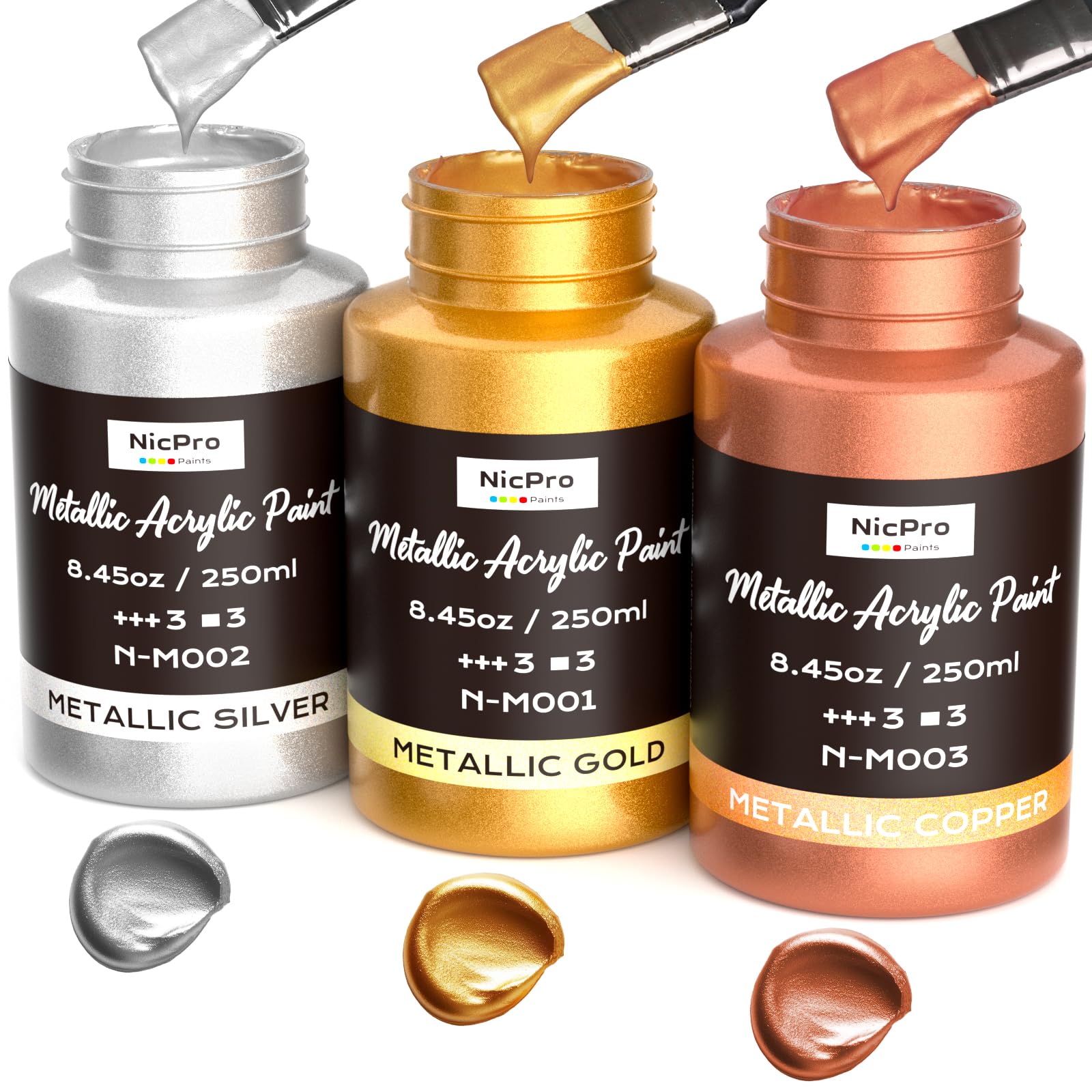 Nicpro Metallic Acrylic Paint Set - Gold, Silver, Copper - 3 x 250ml