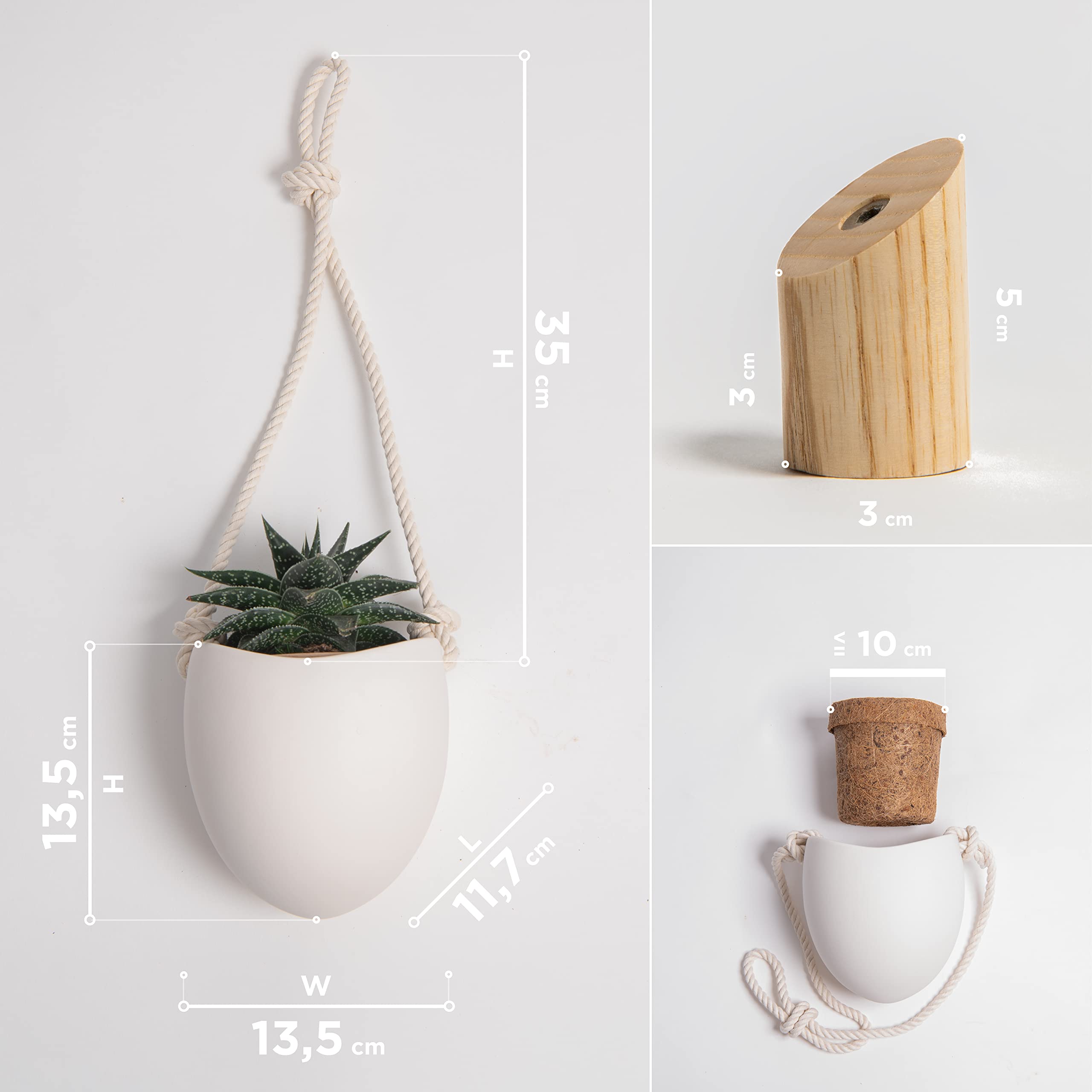 Kazai Porcelain Wall Vases - 3 Piece Set with Wooden Hooks - Matte White