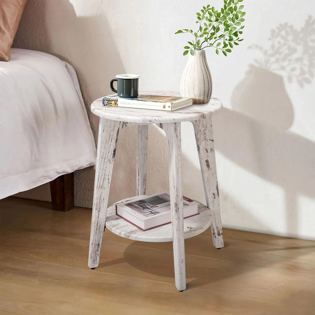 FEUFOAM Round Side Table White Wooden End Table with Lower Shelf Rustic Vintage Nightstand Beside Table Small Accent Tables for Living Room Bedroom - image 2