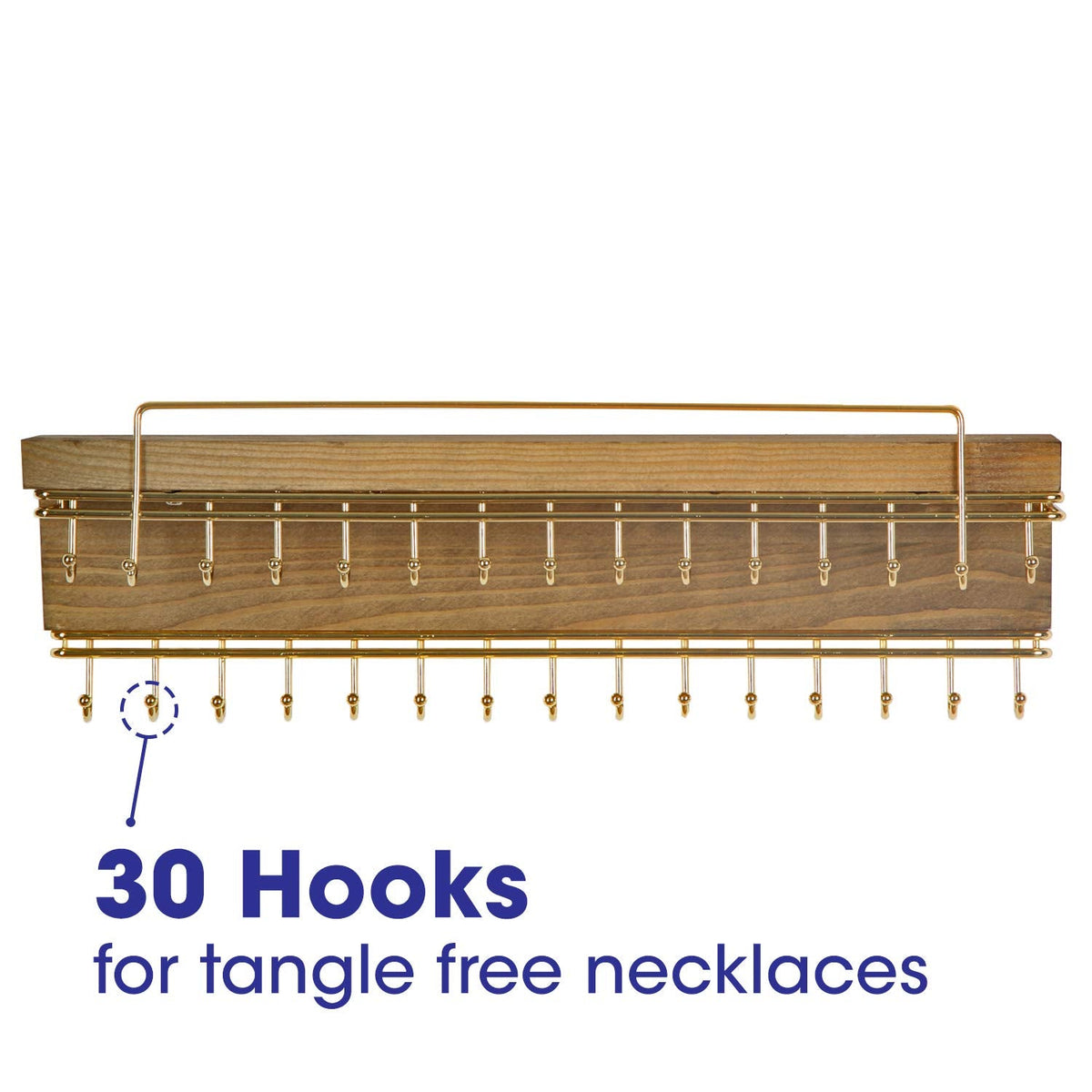 J JACKCUBE DESIGN Rustic Wood Wall Mounted Jewelry Organizer with 30 Gold Metal Hooks Display Shelf Storage for Necklaces, Bracelets, Earrings