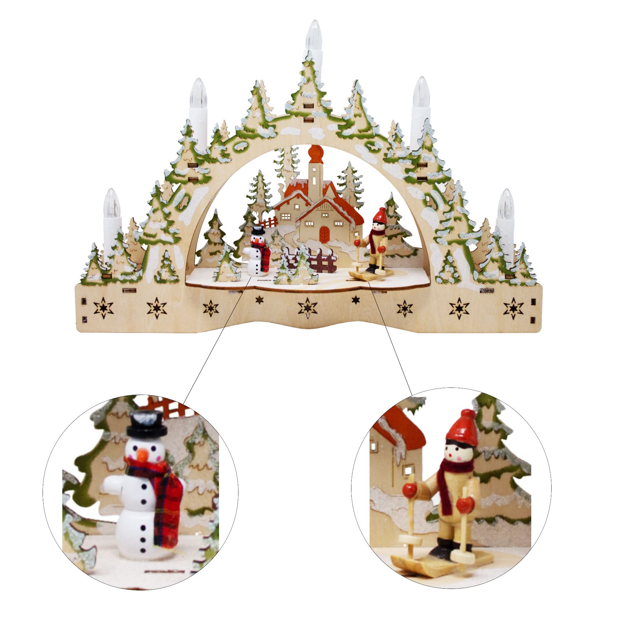 ToCi LED-Schwibbogen mit 5 Kerzen – Weihnachtsdeko Ski-Motiv 35cm