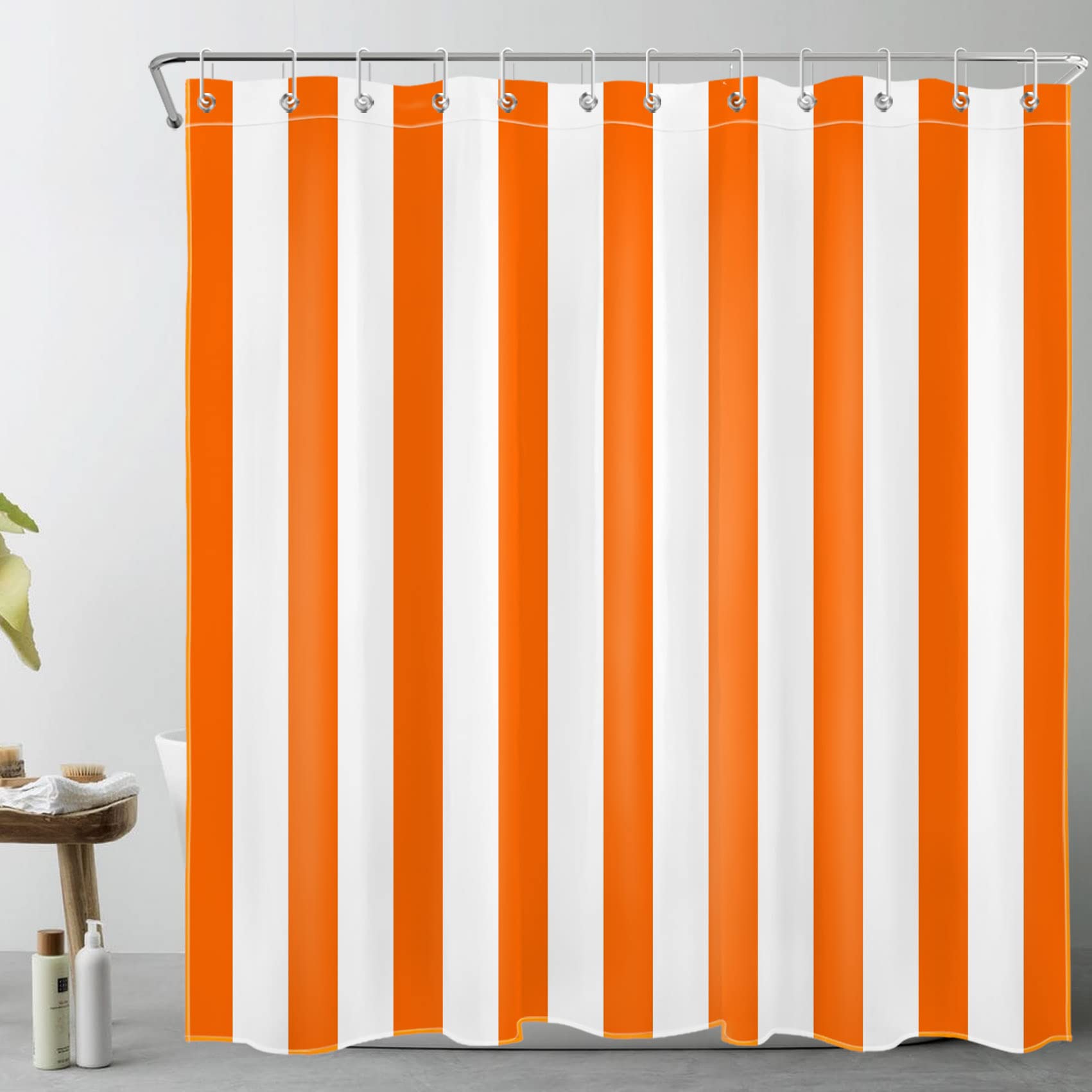 Jolof Store Orange and White Striped Shower Curtain | Waterproof Polyester