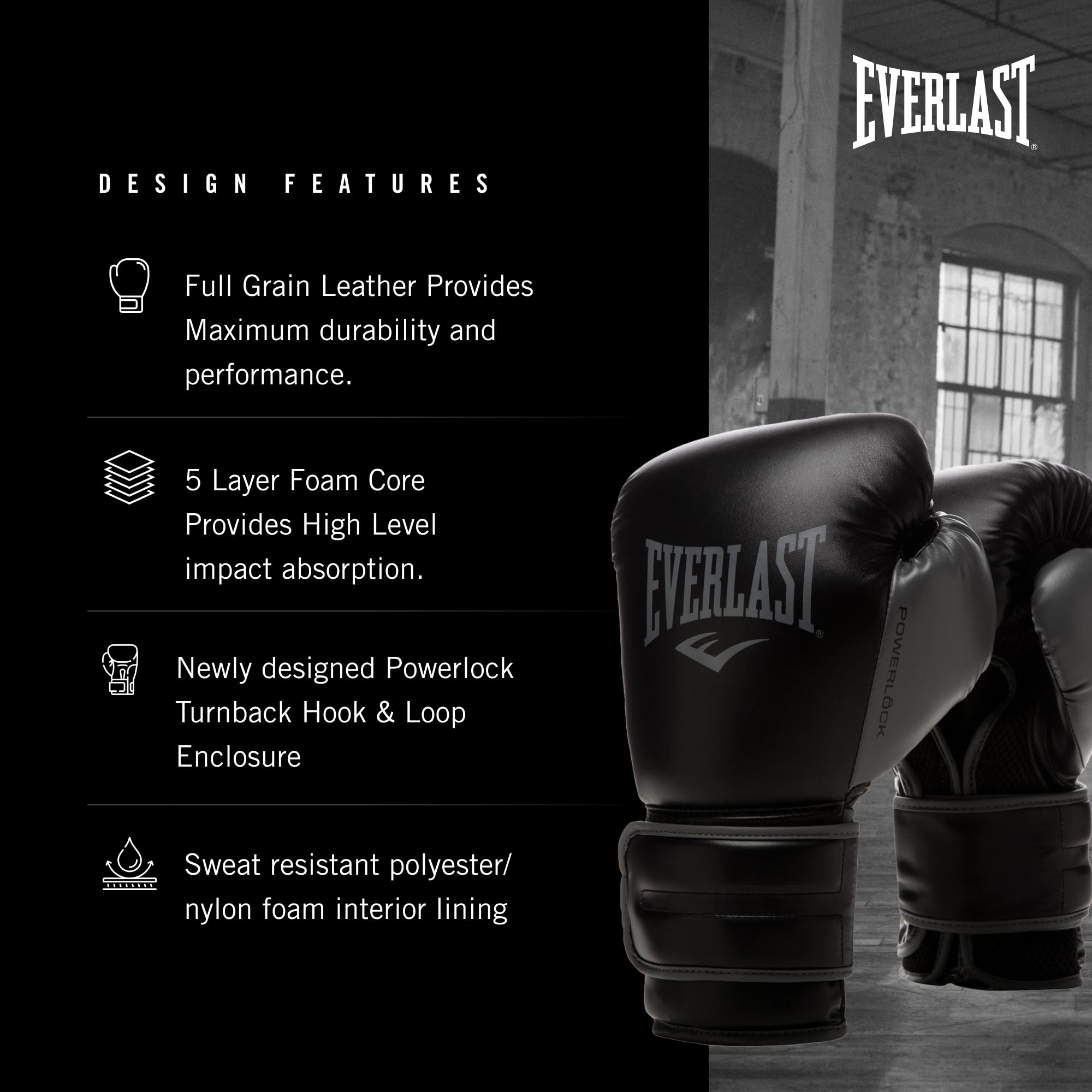Everlast Powerlock 2R Training Gloves | Black Synthetic Leather | 14oz