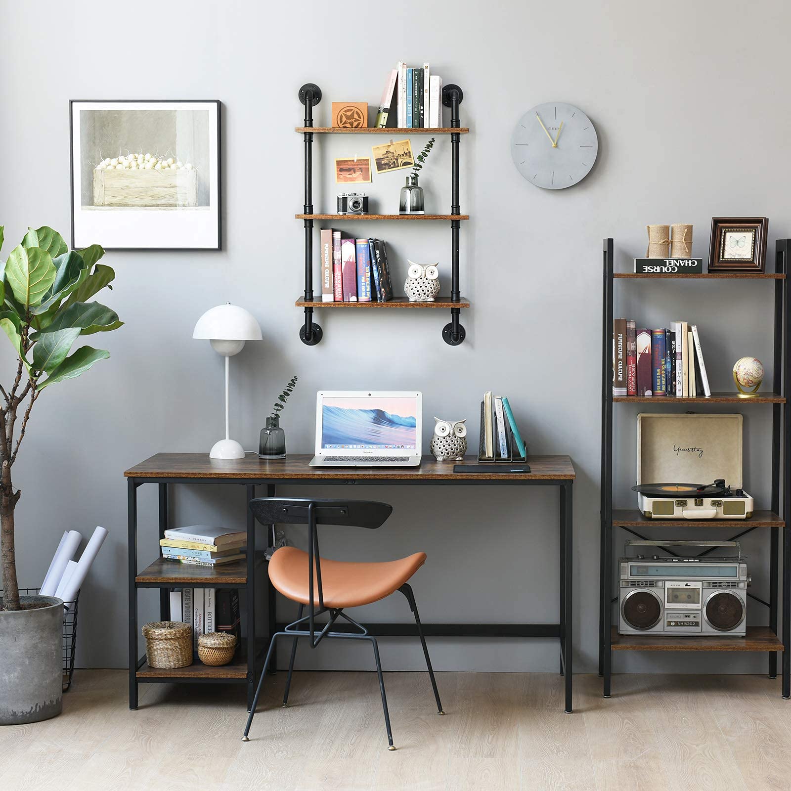 IBUYKE Industrial Pipe Floating Shelves | 3-Tier Wood Wall Storage