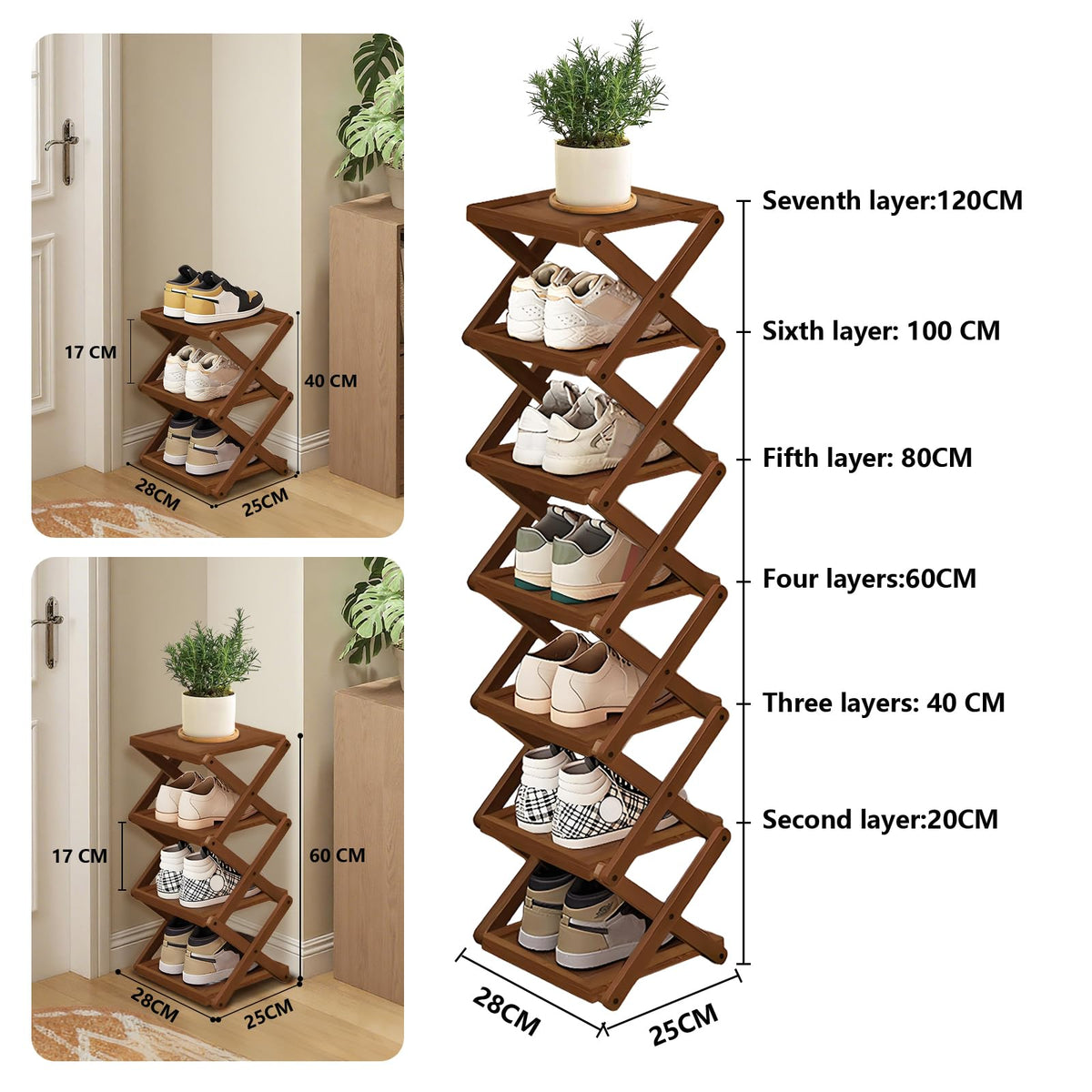 YYW Shoe Rack, Foldable Shoes Organizer Free Standing Shelf for Entryway, Closet, Hallway, Foldable X Shape Multi Tier Shoe Rack Brown,7 Layers - image 2