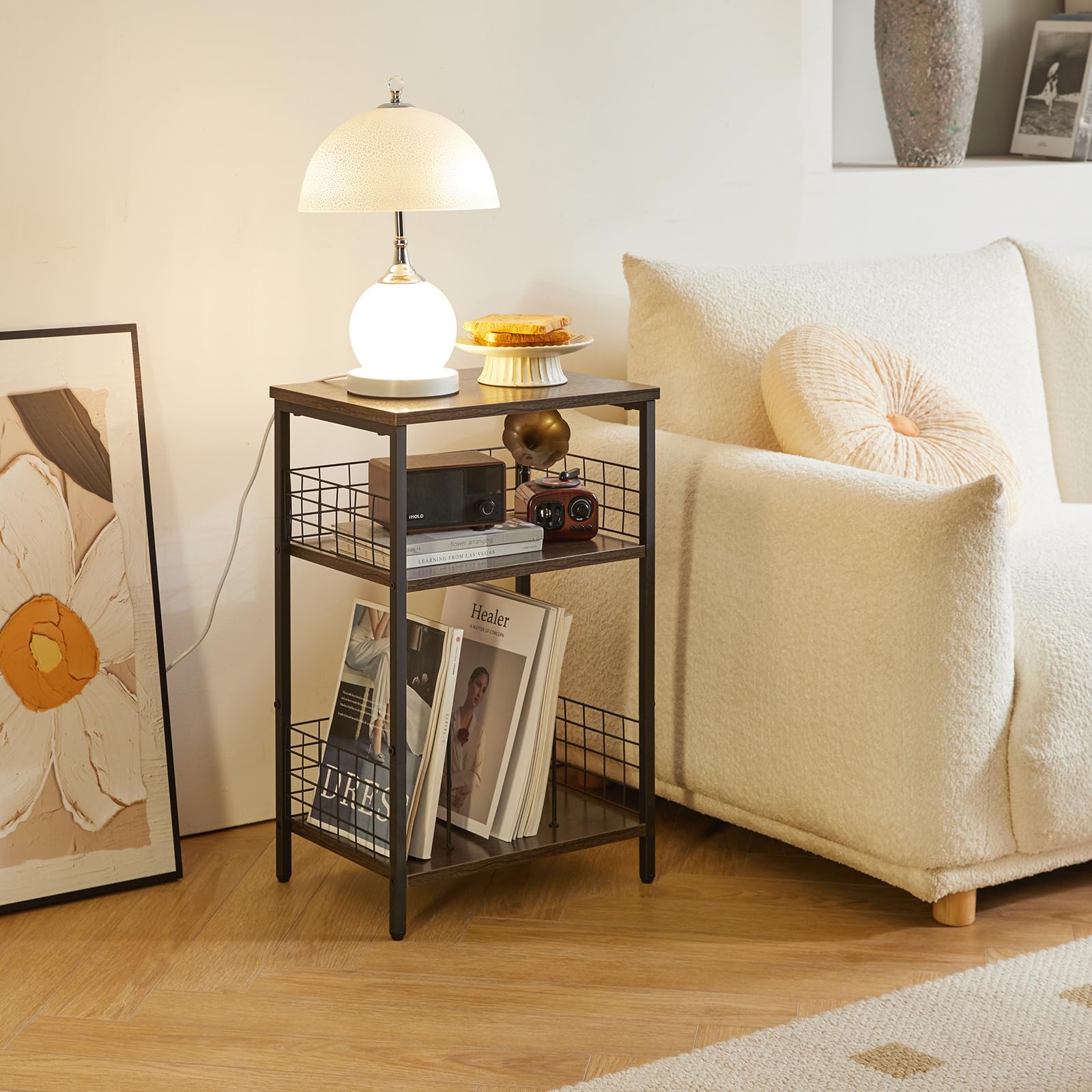 YMYNY 3-Tier Record Player Stand | Industrial Side Table - Rustic Brown