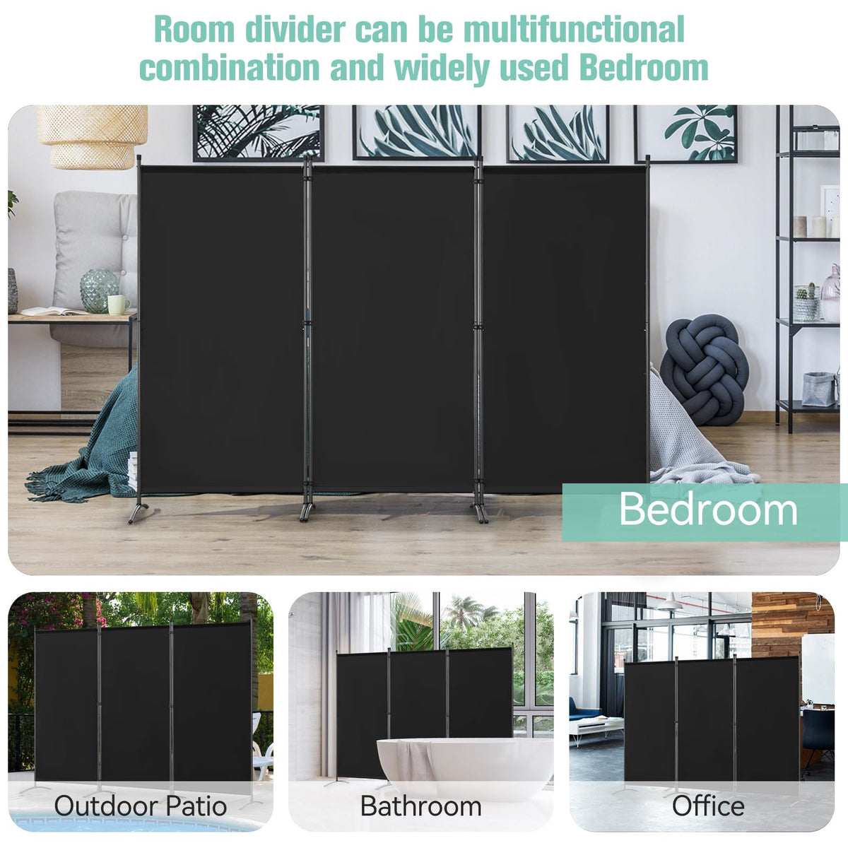 Angel Living 3 Panels Folding Room Divider | Privacy Screen with Polyester Fabric & Sturdy Iron Frame | Freestanding Partition for Office, Bedroom - image 3