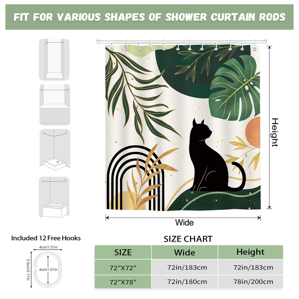 hometrixx Boho Black Cat Palm Leaf Sun Shower Curtain Green 72X72Inch - image 4