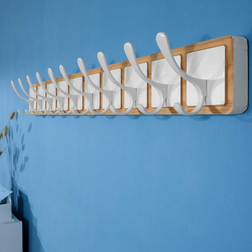 SKOLOO Scandi-Style Wooden Wall Mount Coat Rack | 10 Hooks, White & Natural