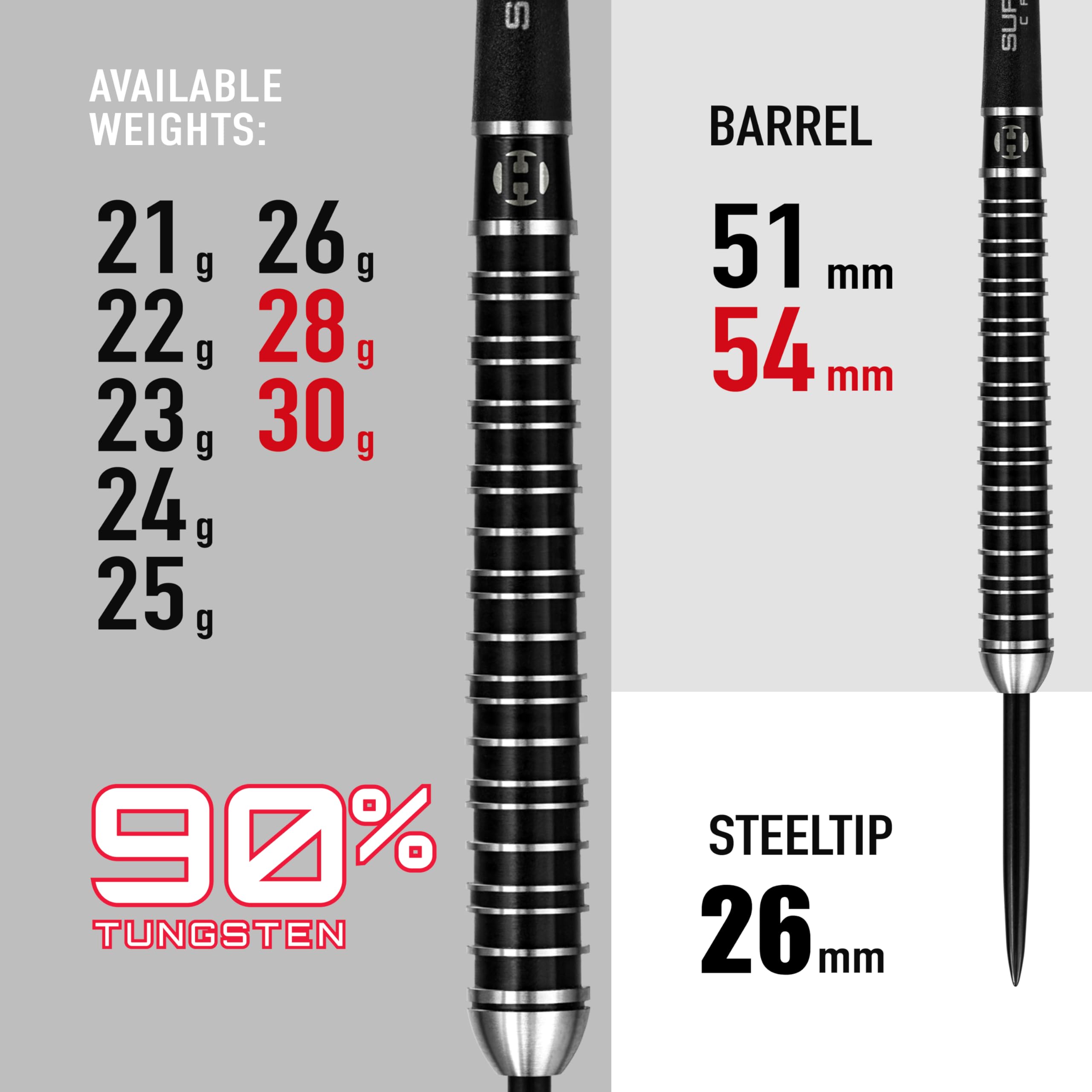 Harrows Supergrip Ultra 90% Tungsten Steel Tip Darts Set | 21g-30g